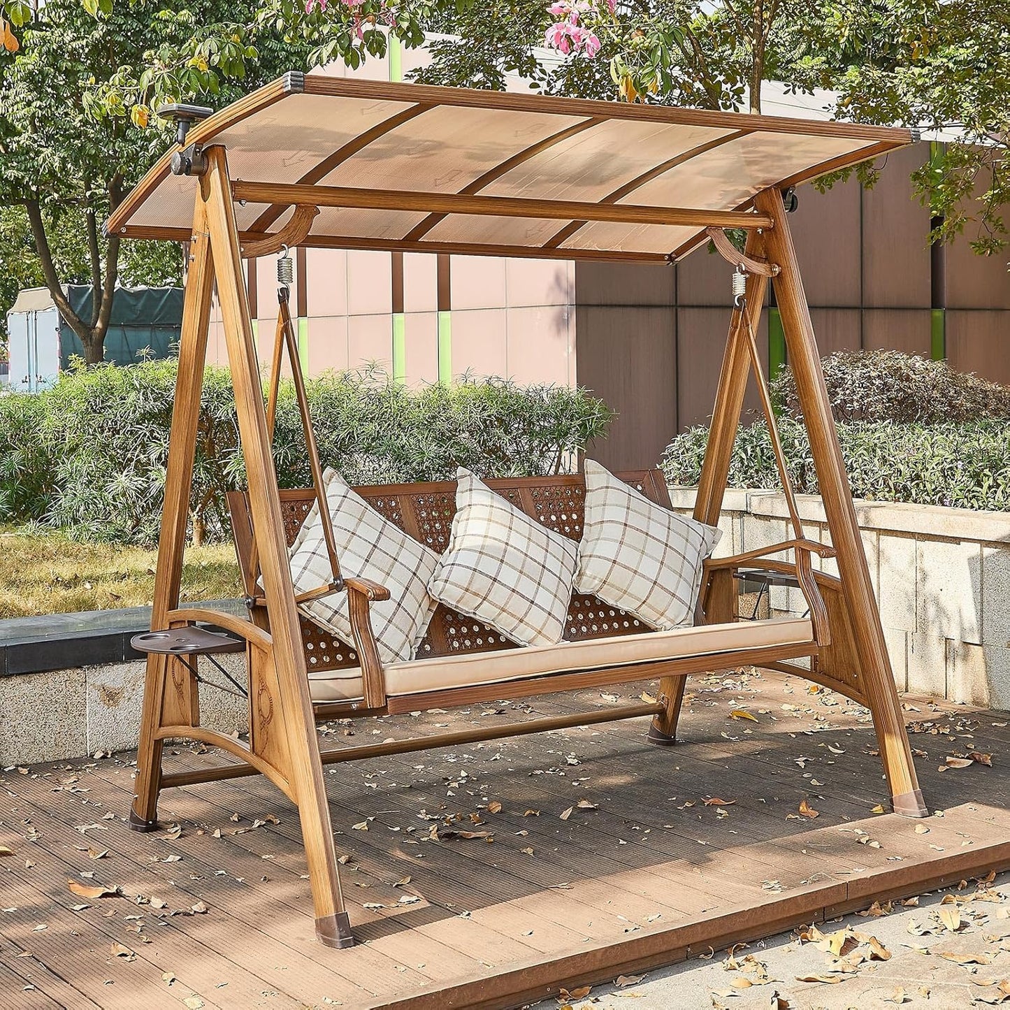 2/3-Seat Outdoor Patio Porch Swing with Adjustable Aluminum Alloy Canopy Solar Patio Swing Chair Bench with Footrest Side Cup Holder for Backyard Lawn (A-Aluminum Mesh Wood Grain-3 Seat)