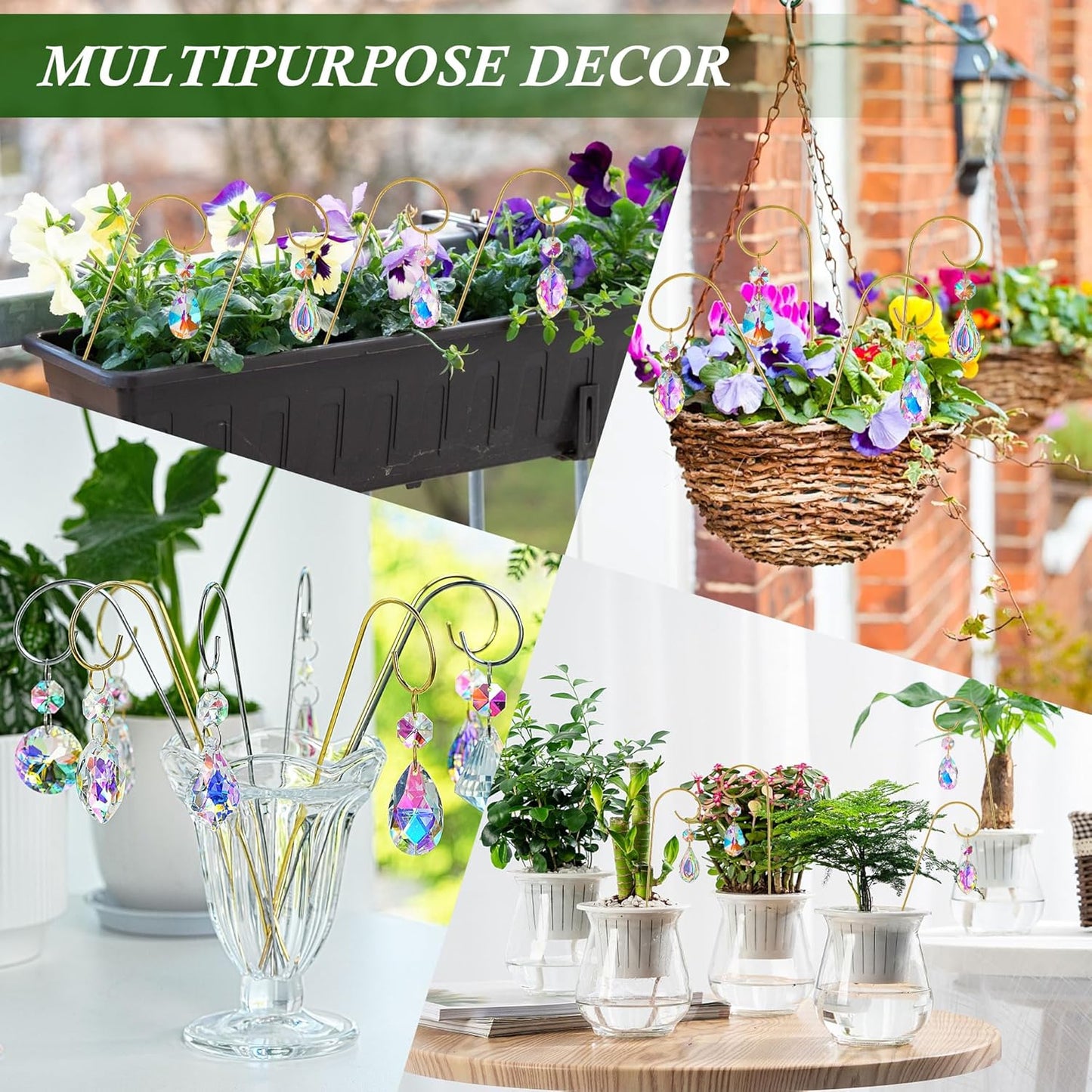 HDCRYSTALGIFTS 4PCS Small Trellis for Mini Potted Plants Indoor Decorations with Crystal Prisms Sun Catchers, 7.5inch Metal Plant Stakes Suncatchers for Fairy Garden Rainbow Crystals