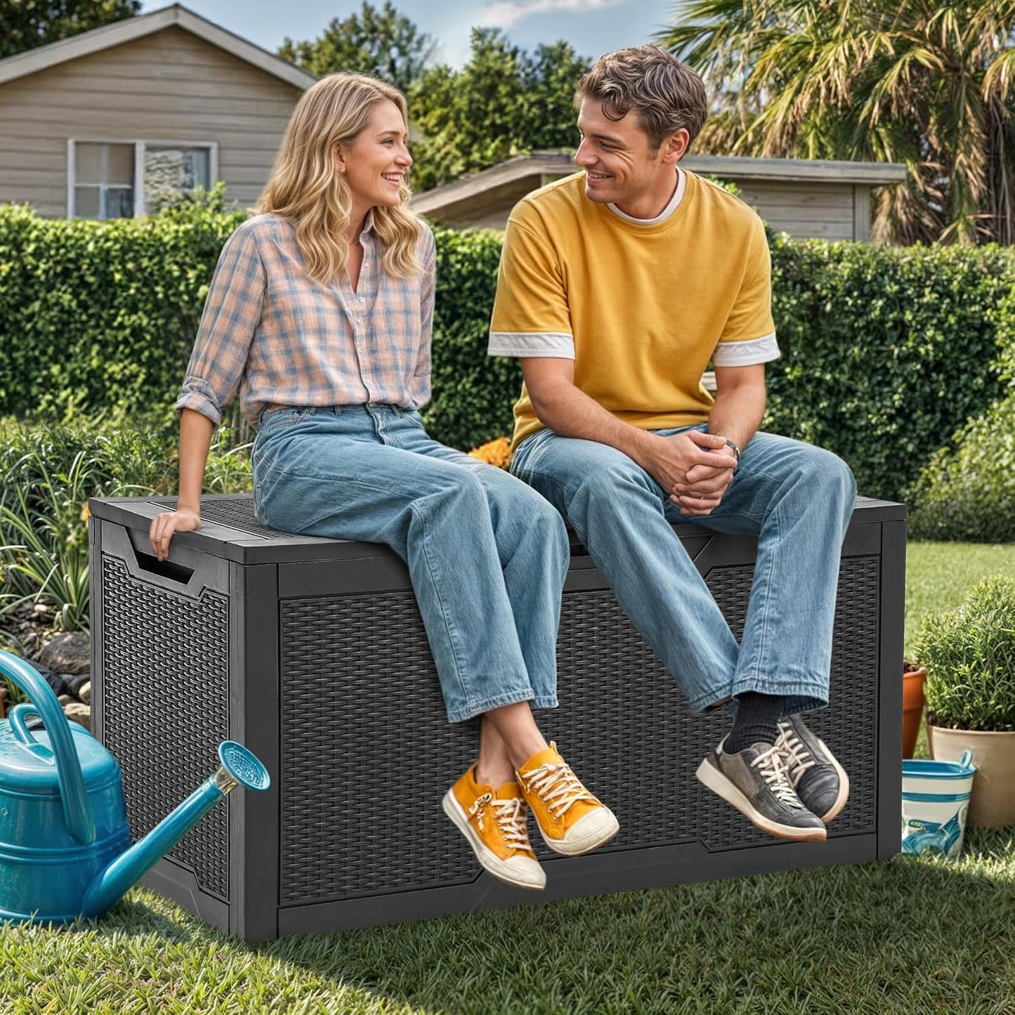 YITAHOME 100 Gallon Large Resin Deck Box Outdoor Storage Boxes for Patio Furniture, Outdoor Cushions, Garden Tools and Pool Supplies-Waterproof,Lockable (Black)