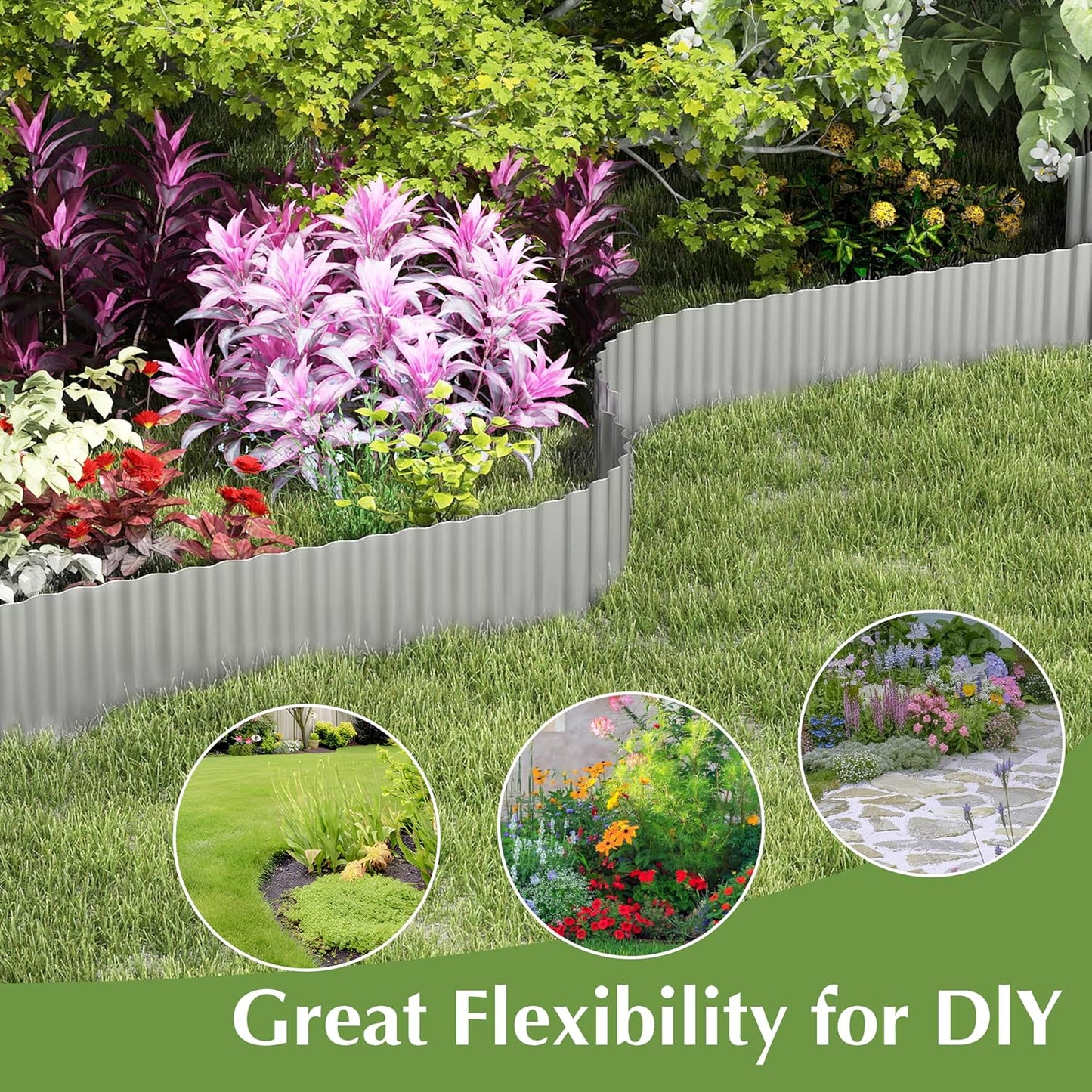Metal Garden Edging Border, Corrugated Steel Landscaping, DIY for Lawn (Silver, 8 Inch x 20FT)