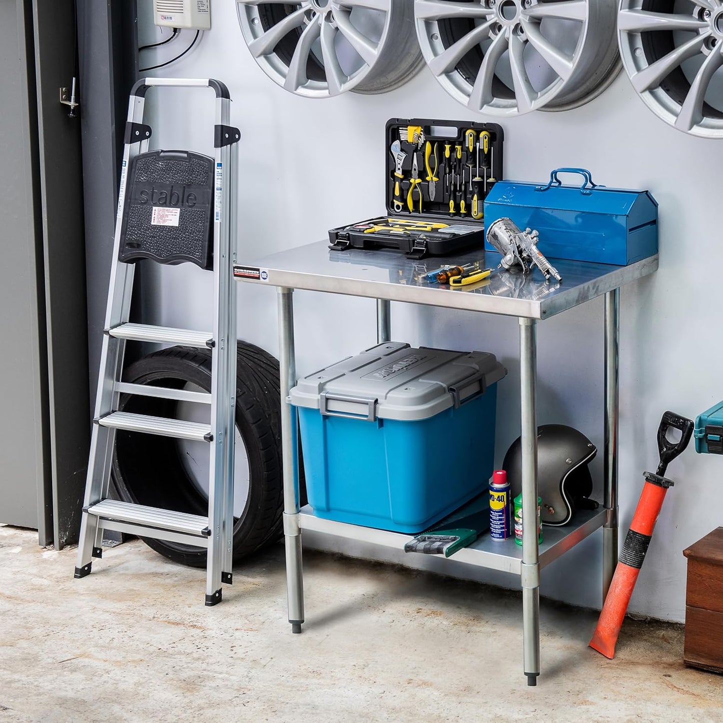 DuraSteel 30x30 Stainless Steel Work Table - NSF Commercial Prep Metal Table - Outdoor Pizza Oven Stand w/Under Shelf - Kitchen Island Laundry Utility Garage Microwave Stand Large Rolling Storage Cart