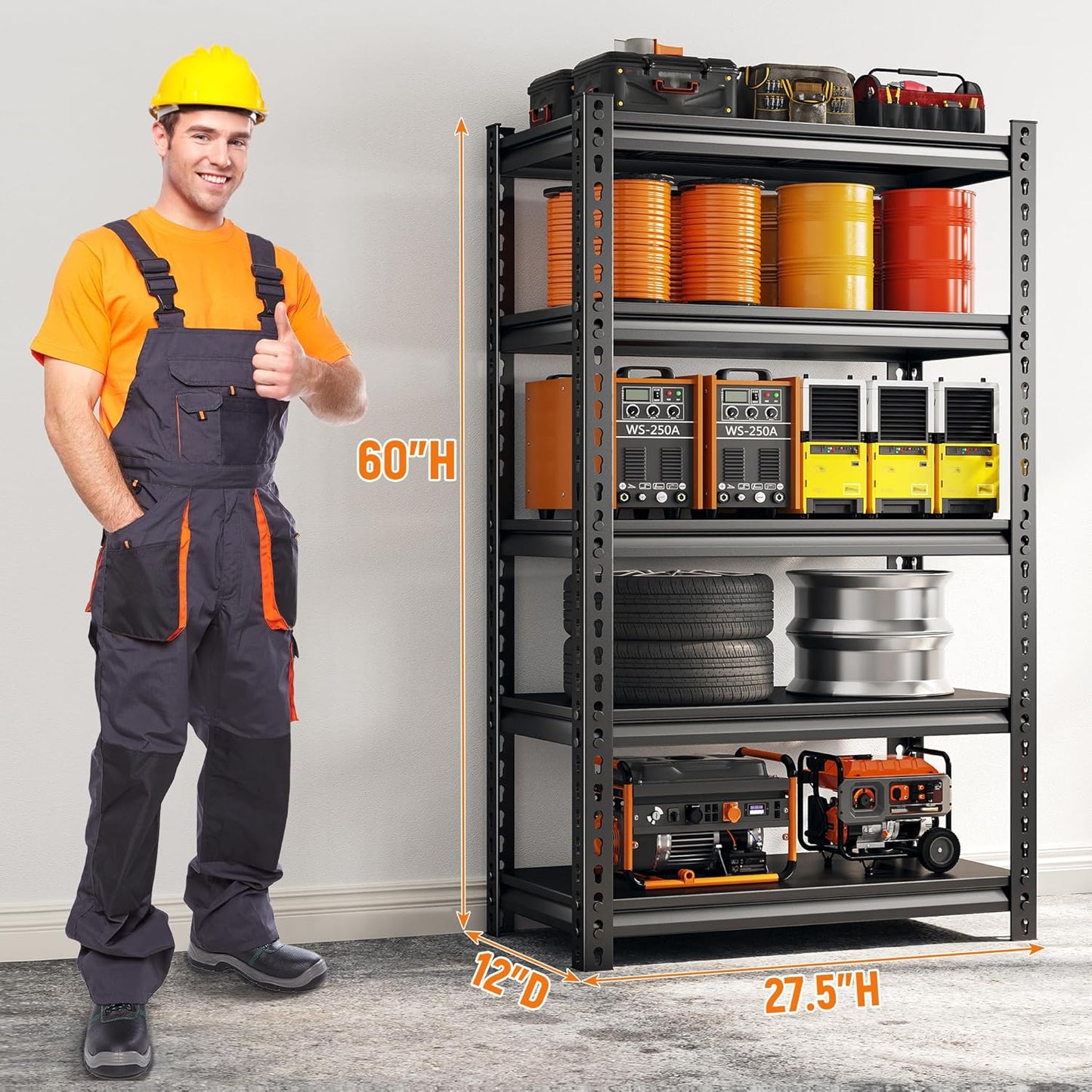 REIBII Storage Shelves, 2000LBS Garage Shelving Heavy Duty, 5 Tier Adjustable Metal Shelving for Garage, Warehouse, Pantry, Kitchen, Basement, 12" D x 27.5" W x 60" H, Black, 2Pack