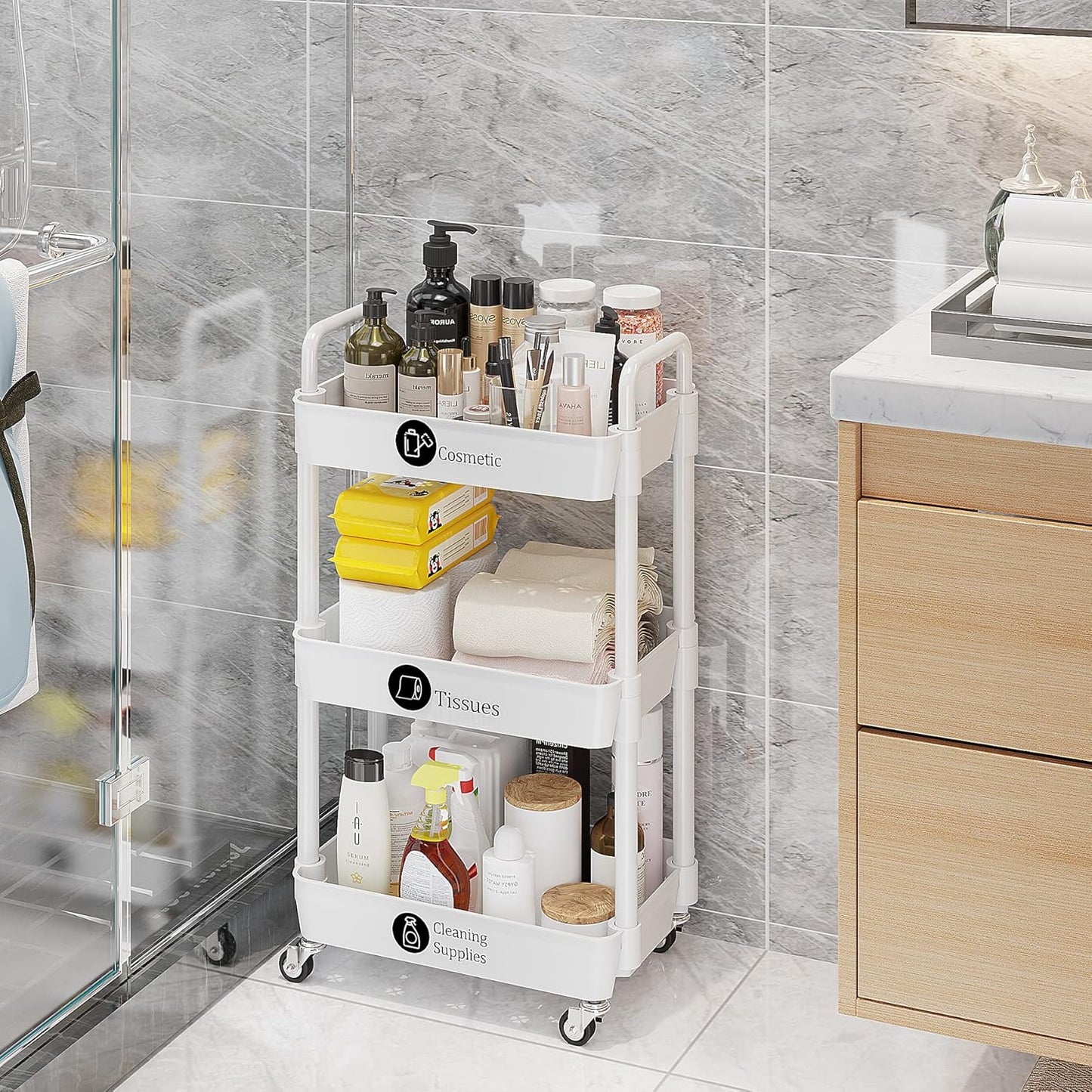 UDEAR 3-Tier Rolling Utility Cart with 12 Category Labels,Multifunctional Storage Shelves with Handle and Lockable Wheels for Room,Office,Kitchen,Bathroom,White