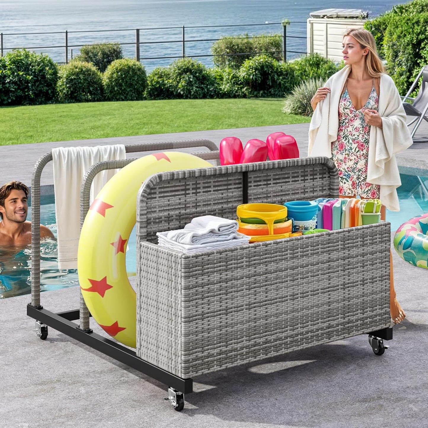 DWVO Pool Float Storage, Pool Storage Bin with PE Rattan,Pool Storage for cushions, Floaties, Noodles, Life Vests, Beach Balls, Patio Furniture (Grey)