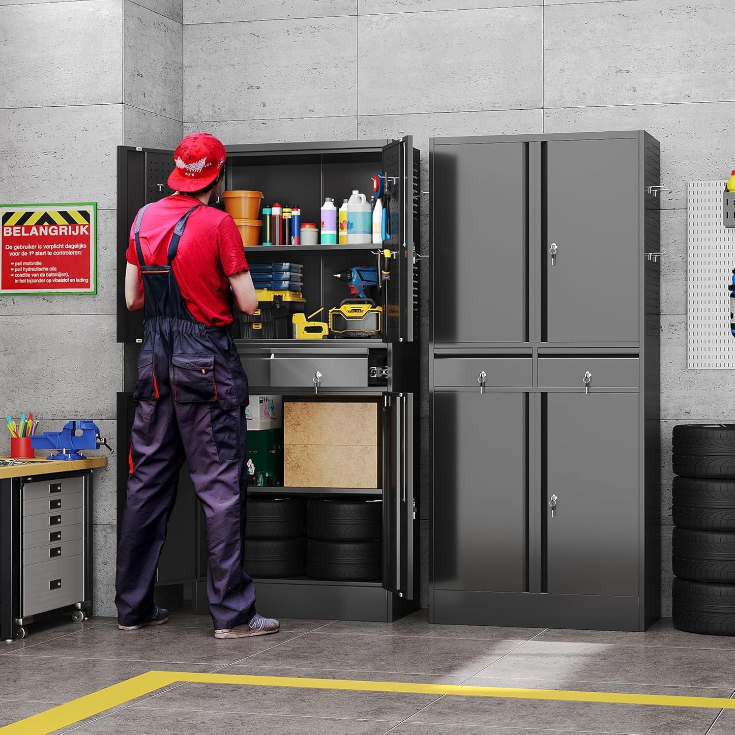 Garage Storage Cabinet, Metal Storage Cabinet with 2 Drawers and 2 Adjustable Shelves, Metal Lockers with Pegboards for Homes, Offices, Kitchens, Schools and Pantries