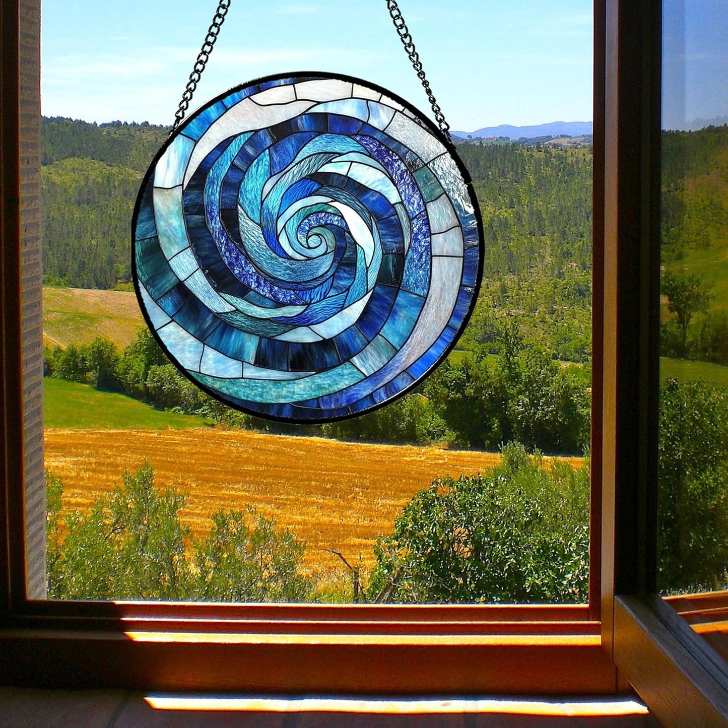 Stained Glass Window Hanging - Blue Abstract Swirl Suncatcher for Doors Garden Patio Unique Sun Catchers Decor Christmas Mother's Day Birthday Gifts for Women Men Mom Nana Friend 9.8 in