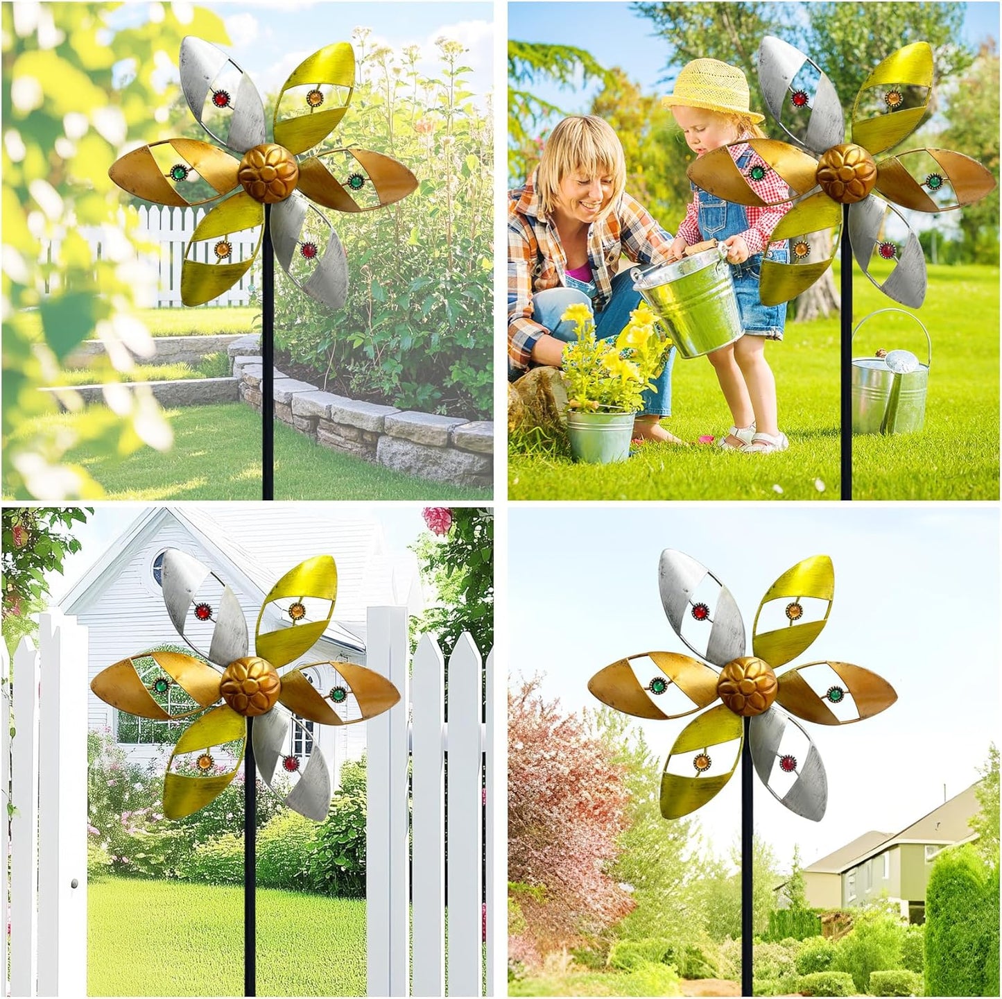 Wind Spinners Outdoor Metal, 10.63" W*37" H Pinwheels for Yard and Garden Decor, Kinetic Wind Sculpture Spinner (Gold Ornate Crystal Bead)