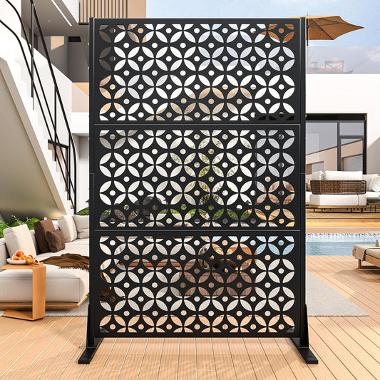 Metal Privacy Screen Outdoor, 72" H Freestanding Privacy Fence with Sturdy Stands, Decorative Privacy Panels Shield for Courtyard, Balcony, Garden and Other Indoor Places (Cross-Shaped)