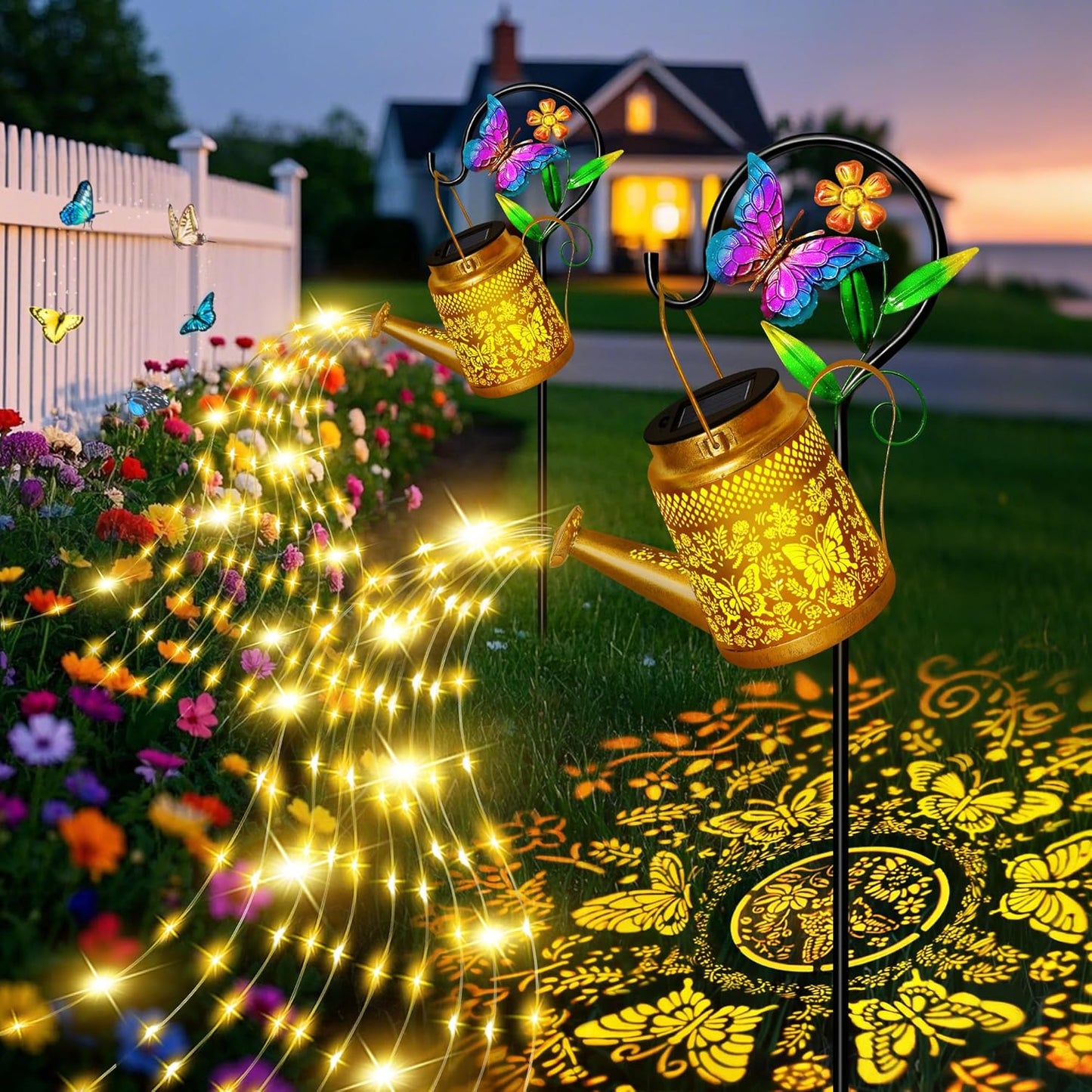 Butterfly Solar Watering Can Lights, Outdoor Waterproof Garden Lanterns with Shepherd Hook, Solar Garden Decor for Yard Outdoor Landscape Pathway Porch Patio, Gift for Women Mom Grandma, 2 Pack