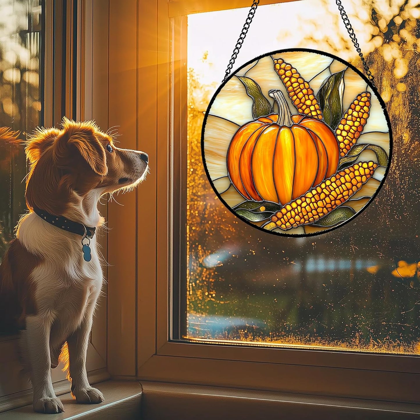Stained Glass Window Hanging Autumn Harvest Pumpkin Corn 9.8" - Suncatcher Door Garden Kitchen Sunroom Sun Catcher Fall Home Decor Birthday for Mom Grandma Men Woman