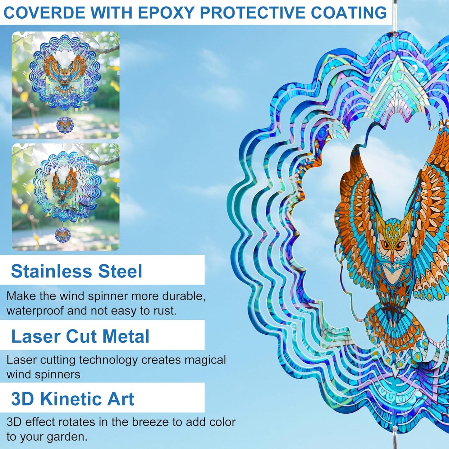 Hanging Wind Spinners Outdoor - Owl Gifts for Mom Dad Grandma, 11.5 Inch 3D Metal Birds Wind Catcher Art Garden Kinetic Wind Sculptures & Spinners for Garden Yard Porch Decor