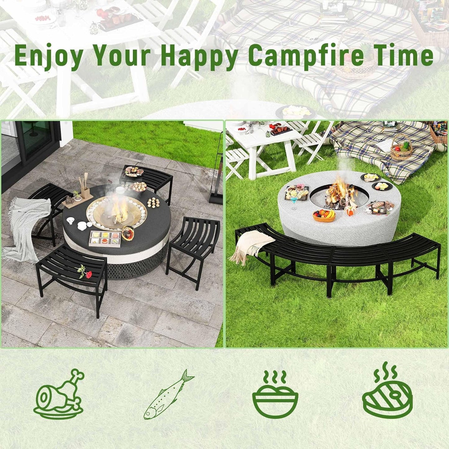 Metal Curved Fire Pit Bench Set of 4, Outdoor Fire Pit Seating, Steel Backless Outside Fire Pit Bench for Garden, Patio, Porch, Backyard, Plant Stand, Heavy Duty Plant Holder, Style 3, Black