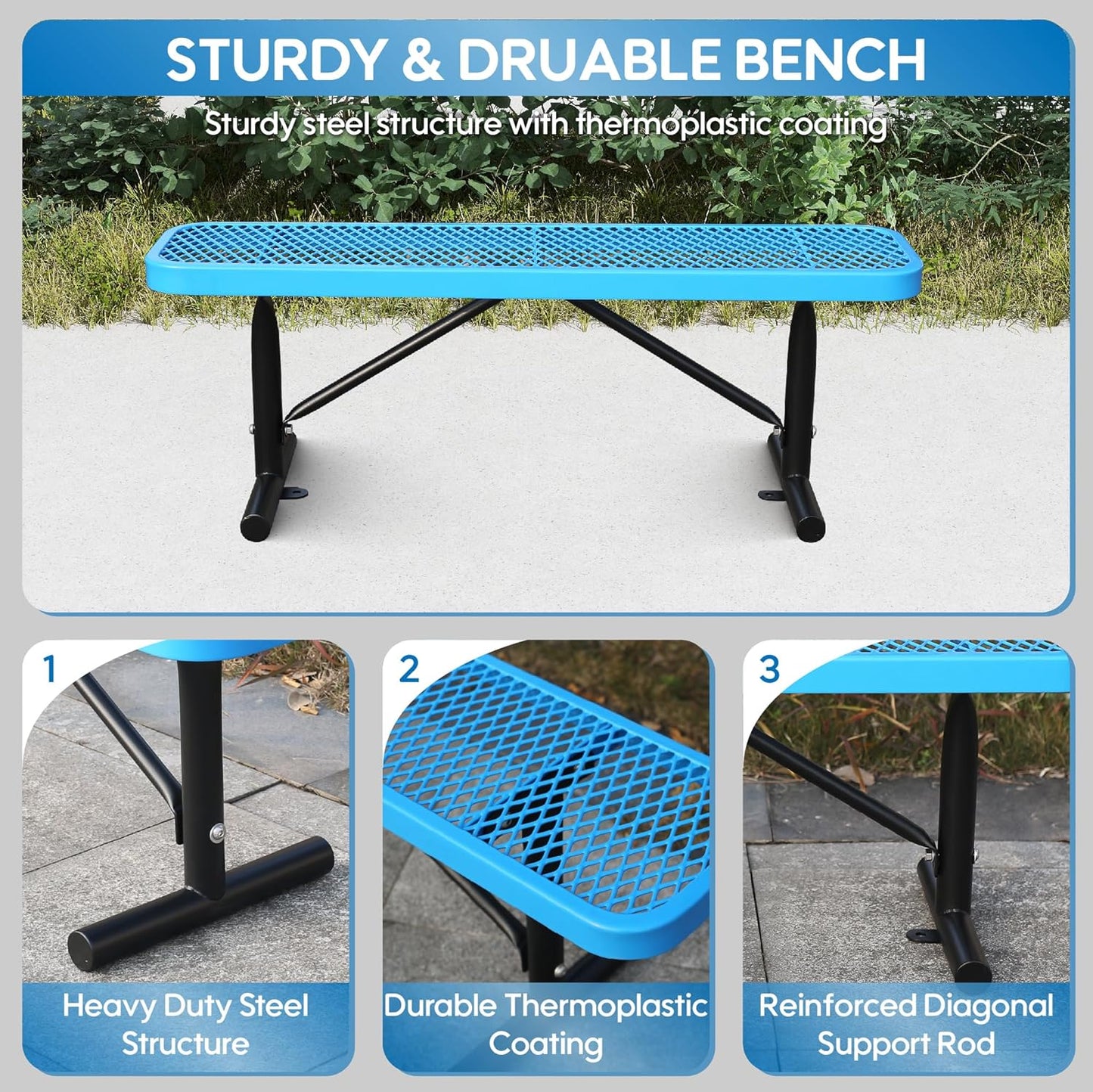 6 Feet Heavy Duty Metal Park Bench for Outside, Outdoor Bench with Portable Frame, Commercial Benches for Shopping Mall, Store, Park, Patio, Deck, Blue