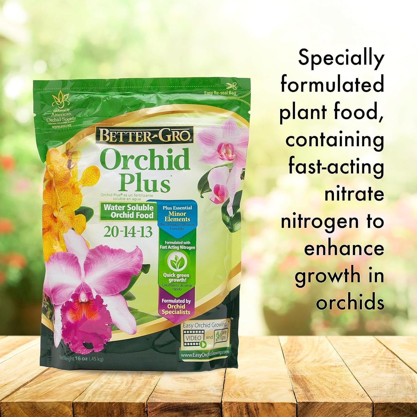 Better-Gro Orchid Plus 20-14-13 - Urea-Free Orchid Fertilizer for Vigorous Growth, Water Soluble, Nitrate Nitrogen-Rich, Ideal for Indoor Potted Plants and Tropical Plants - 16 oz Resealable Bag