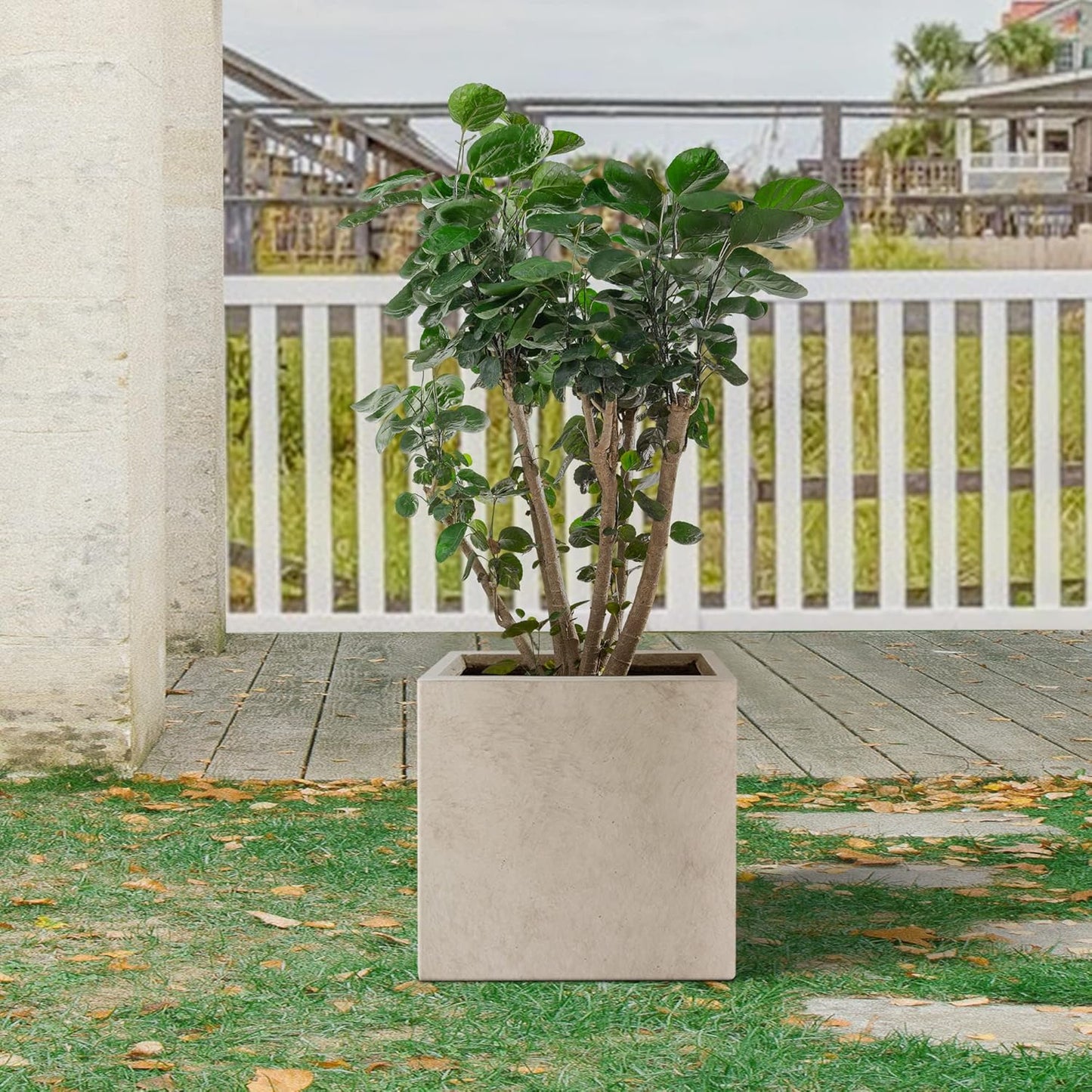 Kante 12 Inch Square Concrete Planter for Outdoor Indoor Home Patio Garden, Large Plant Pot with Drainage Hole and Rubber Plug, Weathered Concrete