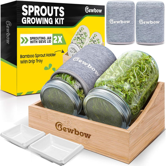[Premium] Seed Sprouting Jar Kit with Bamboo Holder, 2 PCS Mason Jars, Drain Tray, Screen Lids, Blackout Sleeves, Good Ventilation & Drainage Capacity, Growing Fresh Organic Mung Beans & Microgreens