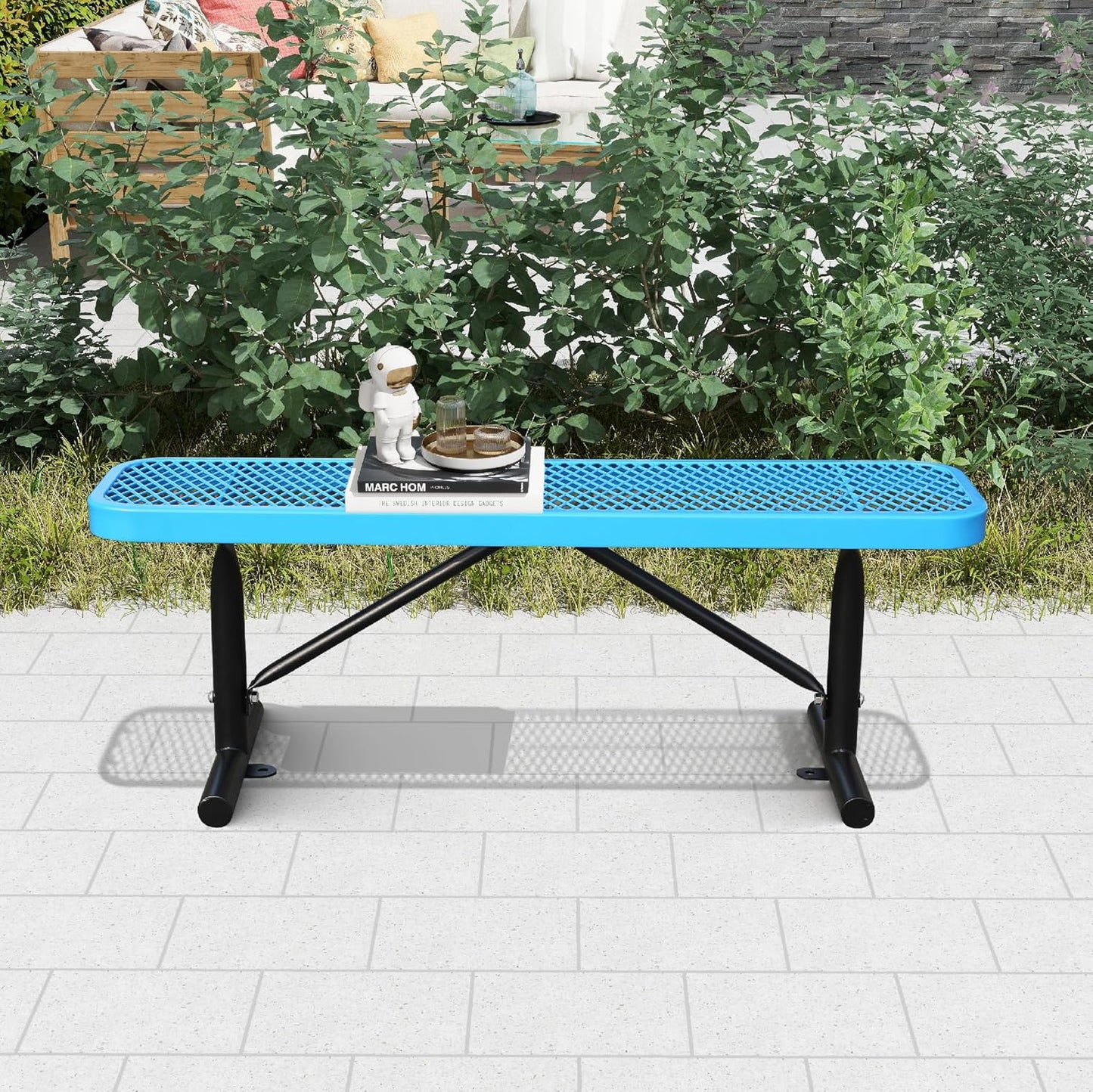 4 Feet Heavy Duty Metal Park Bench for Outside, Outdoor Bench with Portable Frame, Commercial Benches for Shopping Mall, Store, Park, Patio, Deck, Blue