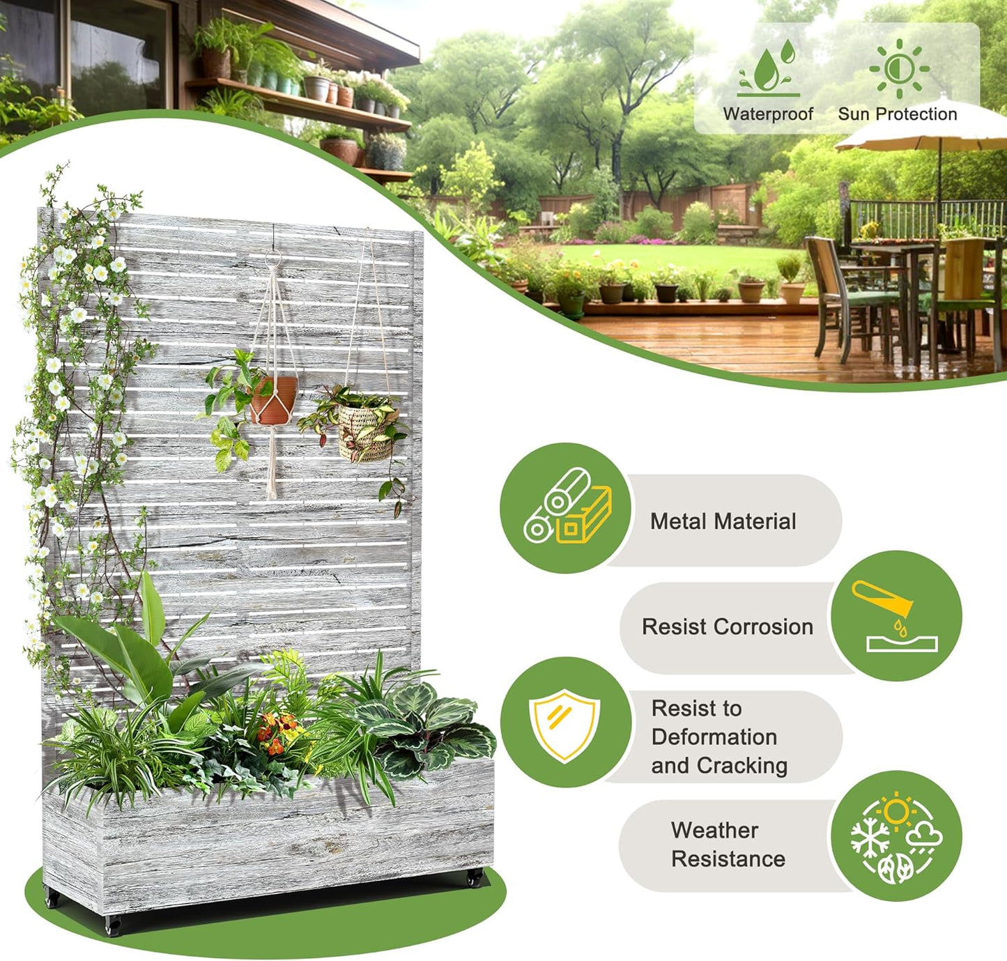 FENCY Metal Raised Garden Bed with Wheels and Trellis,73"x47"x16" Planter Box for Climbing Plants, Vegetables & Vines, Features Privacy Screen and Drainage Holes (White Wood Color)