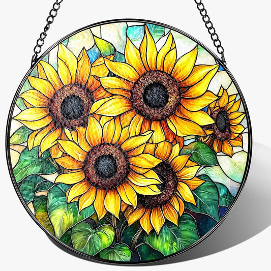 Stained Glass Window Hanging, 8 Inch Sunflower Stained Glass Suncatcher, Suncatchers for Windows Hanging, Home Decor for Window, Teacher Gift, Birthday Gift, Sunflower Gifts for Women, Friend
