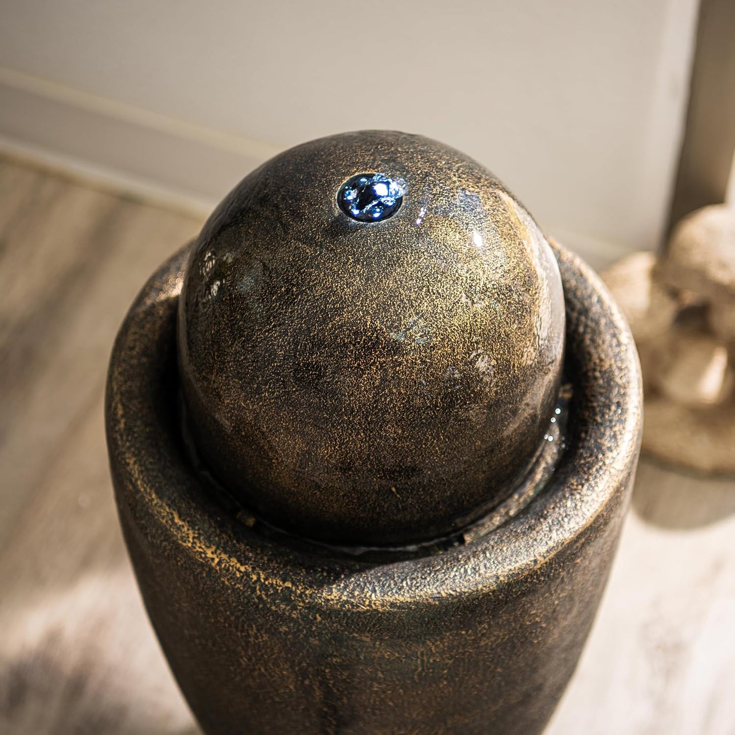 XBrand 25.98" H Round Stone Indoor/Outdoor Modern Stone Textured Sphere Water Fountain w/LED Lights, Ball Water Fountain Decor, Garden Sphere Fountain, Patio Fountain, Outdoor Fountain, Bronze