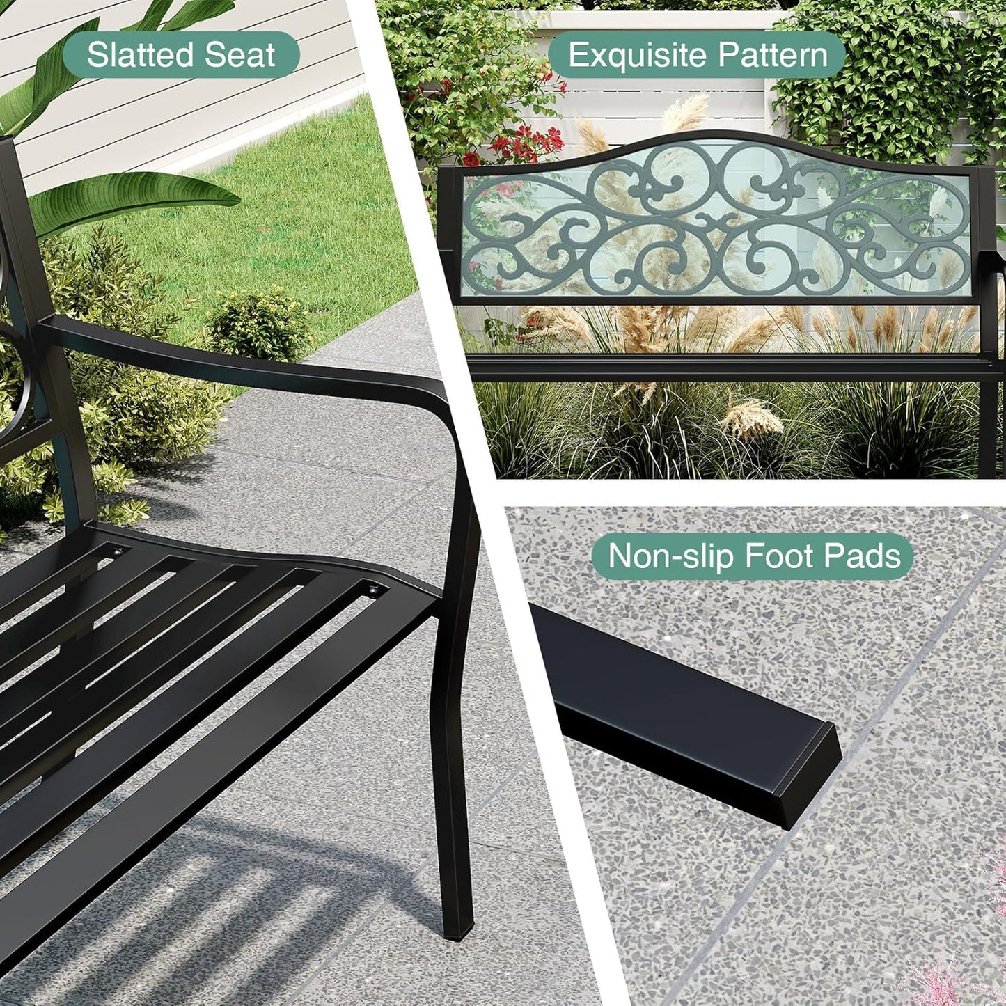Tangkula 50 Inches Outdoor Garden Park Bench, Cast Iron Metal Patio Bench with Floral Design Backrest, Armrests and Slatted Seat, Outdoor Loveseat Chair for Porch, Lawn and Yard, Black