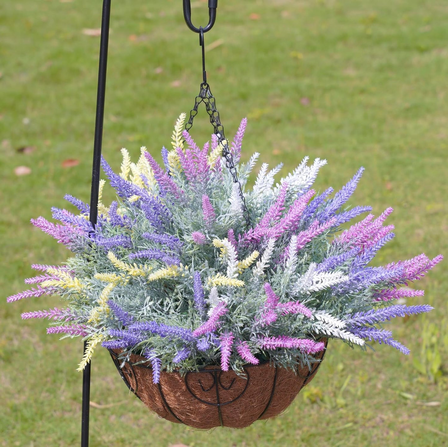 Artificial Fake Fall Hanging Flowers Plants Basket for Outdoor Outside Summer Decor, Faux Mixed Colorful Lavender in Coconut Lining Planter Look Real UV Resistant for Home Patio Porch Balcony Yard