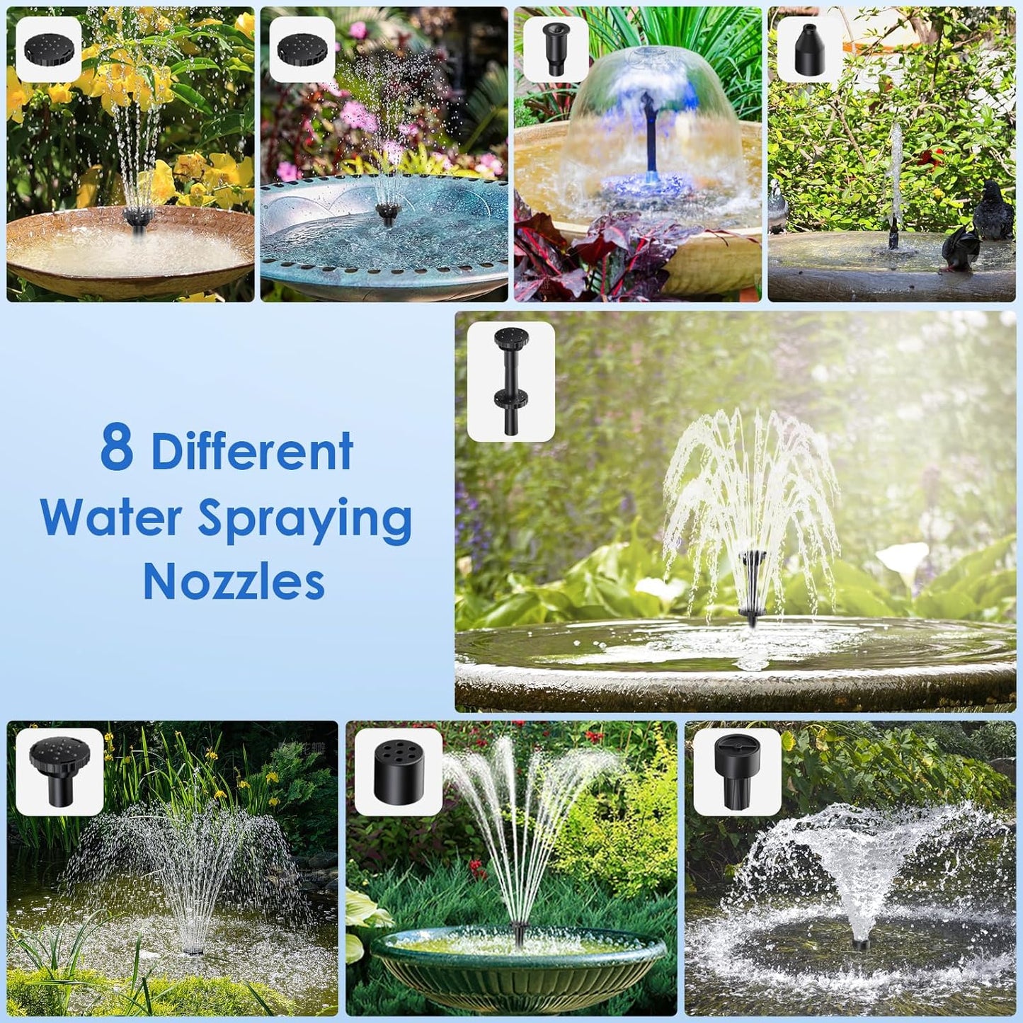 POPOSOAP Solar Fountain Pump for Bird Bath, 6.5W Solar Water Fountain Pump with Upgraded Dry-run Protection & Double-layer Nozzles 5Ft Tubing for Pond, Bird Bath, Backyard Water Feature