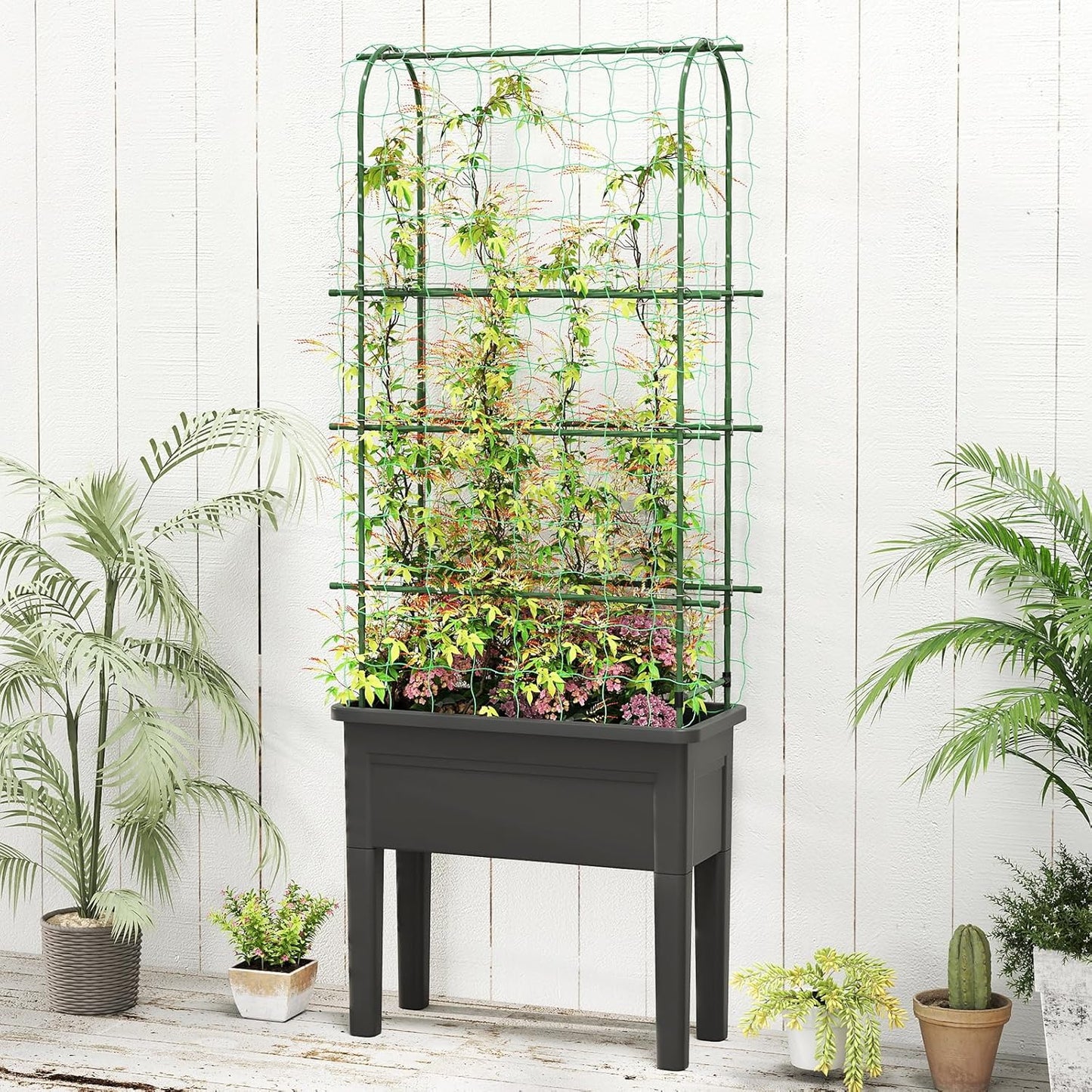 HAPPYGRILL 4-in-1 Raised Garden Bed with Climbing Trellis, Self-Watering Elevated Planter with Water Level Indicator, Drainage Hole, Outdoor Plastic Planter Box with 4 Detachable Legs for Garden Lawn