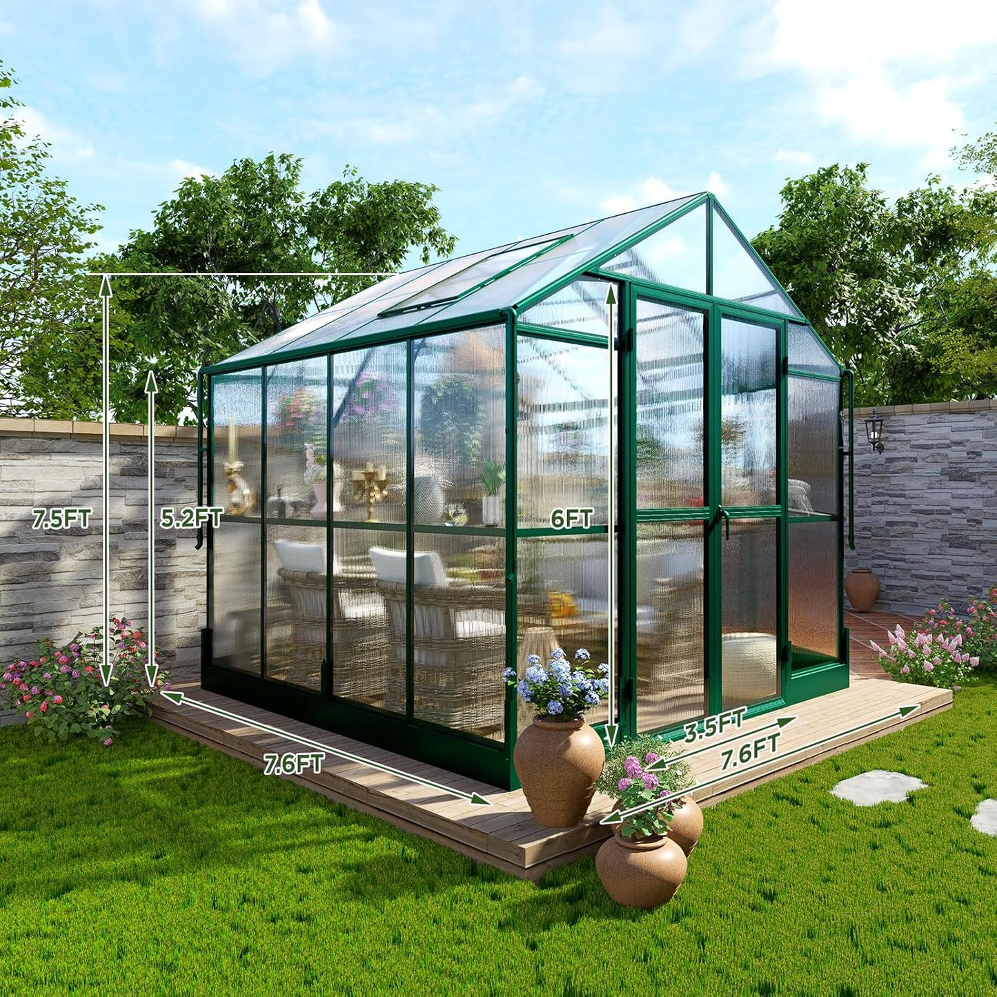 HOWE 8x8x7.5 FT Aluminum Greenhouses for Outdoors,Polycarbonate Greenhouse with 2 Vents Lockable Swing Door Rain Gutter,Walk-in Greenhouse for Backyard Plants,Green