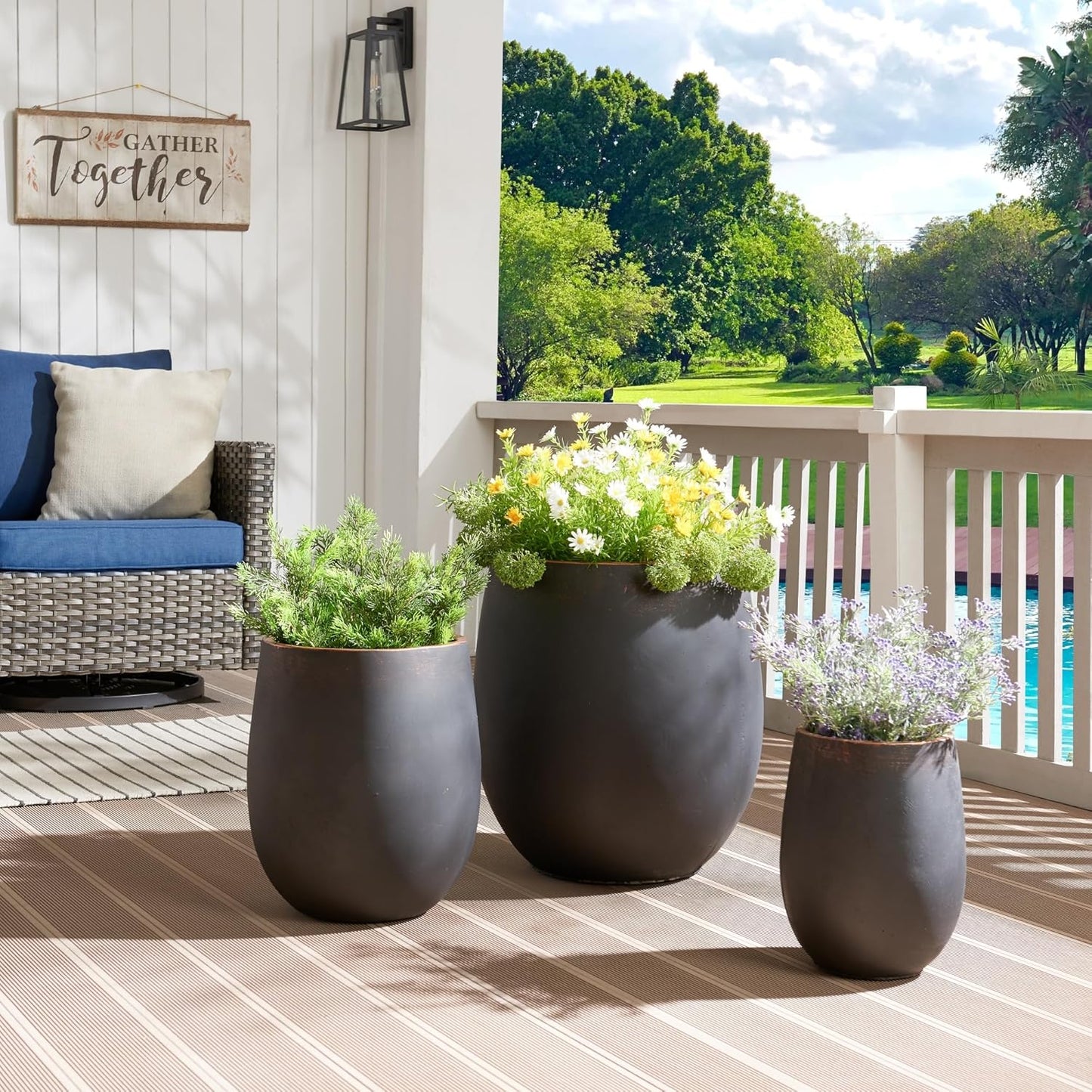 17.7"+13.3"+9.5" Dia Round Concrete Planter Set of 3, Large Outdoor Planter, Black with Gold Rim, Flower Pots with Drainage Holes for Garden, Patio, Home, Office