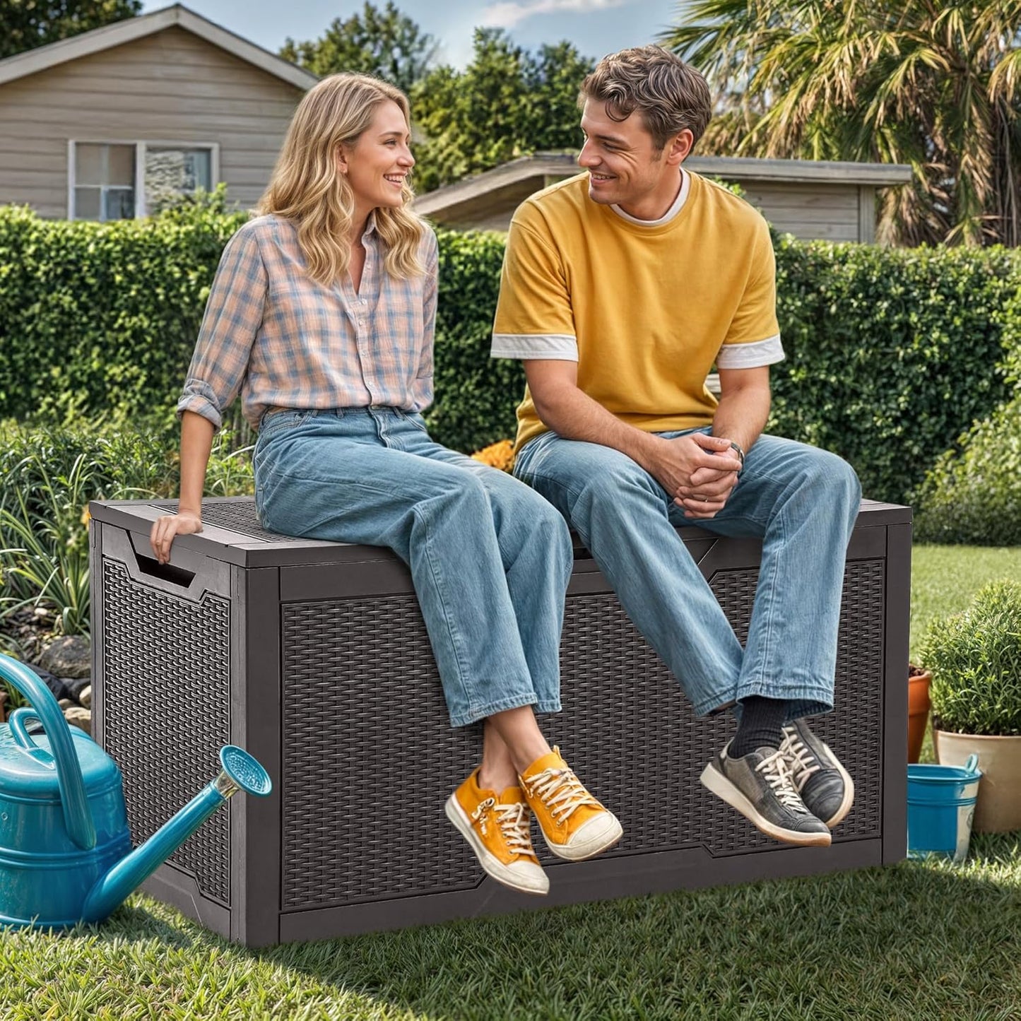 YITAHOME 100 Gallon Outdoor Storage Box, Large Water Resistant Resin Deck Box, Indoor Outdoor Lockable Storage Container for Patio, Garden, Cushions, Tools, Equipment (Dark Brown)