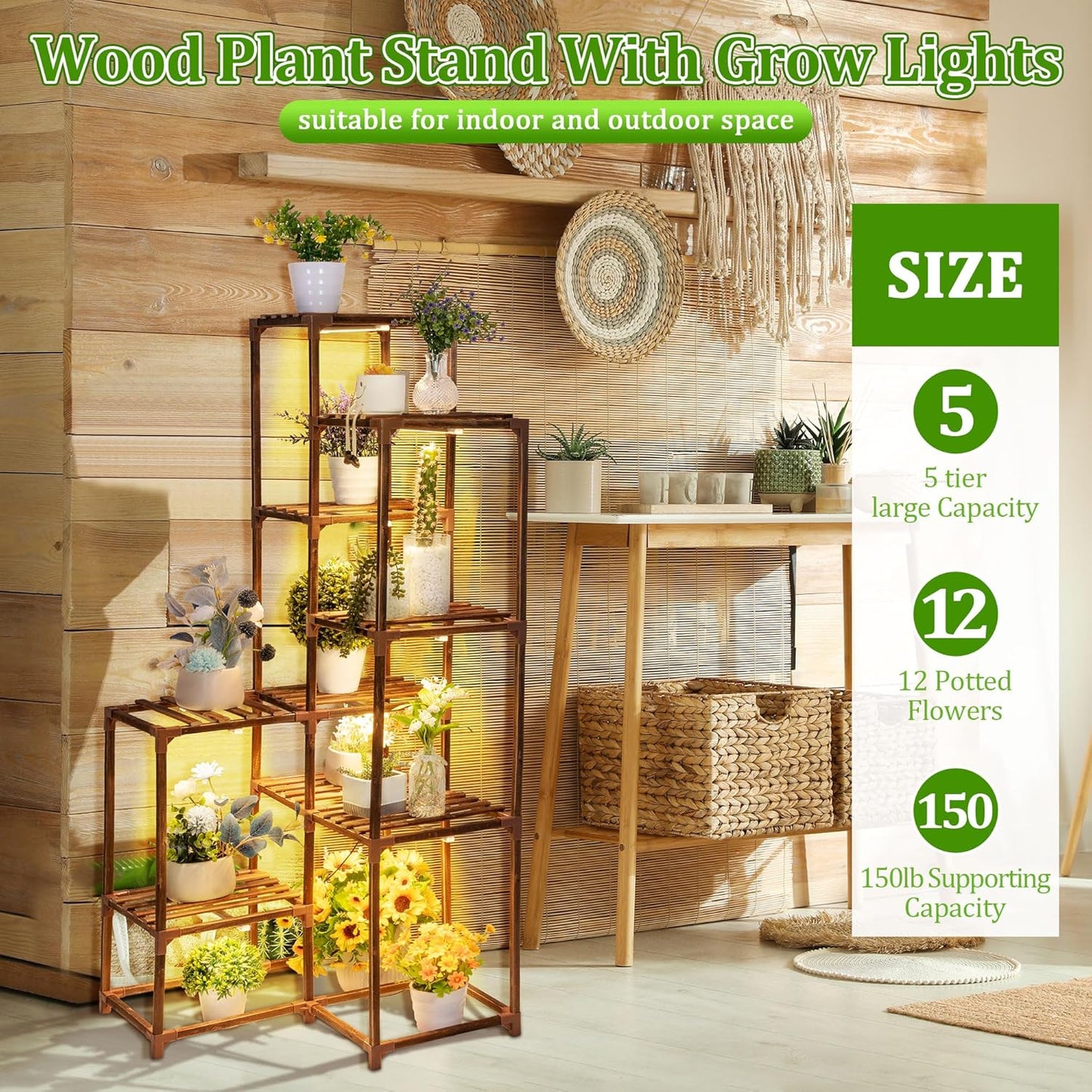 Dreyoo Plant Stand with Grow Lights, Wood Plant Shelf with Full Spectrum Grow Lamp for Indoor Corner, Vintage Multi Layer Lighted Stand for Living Room Balcony Display(12 Tiered Shape)