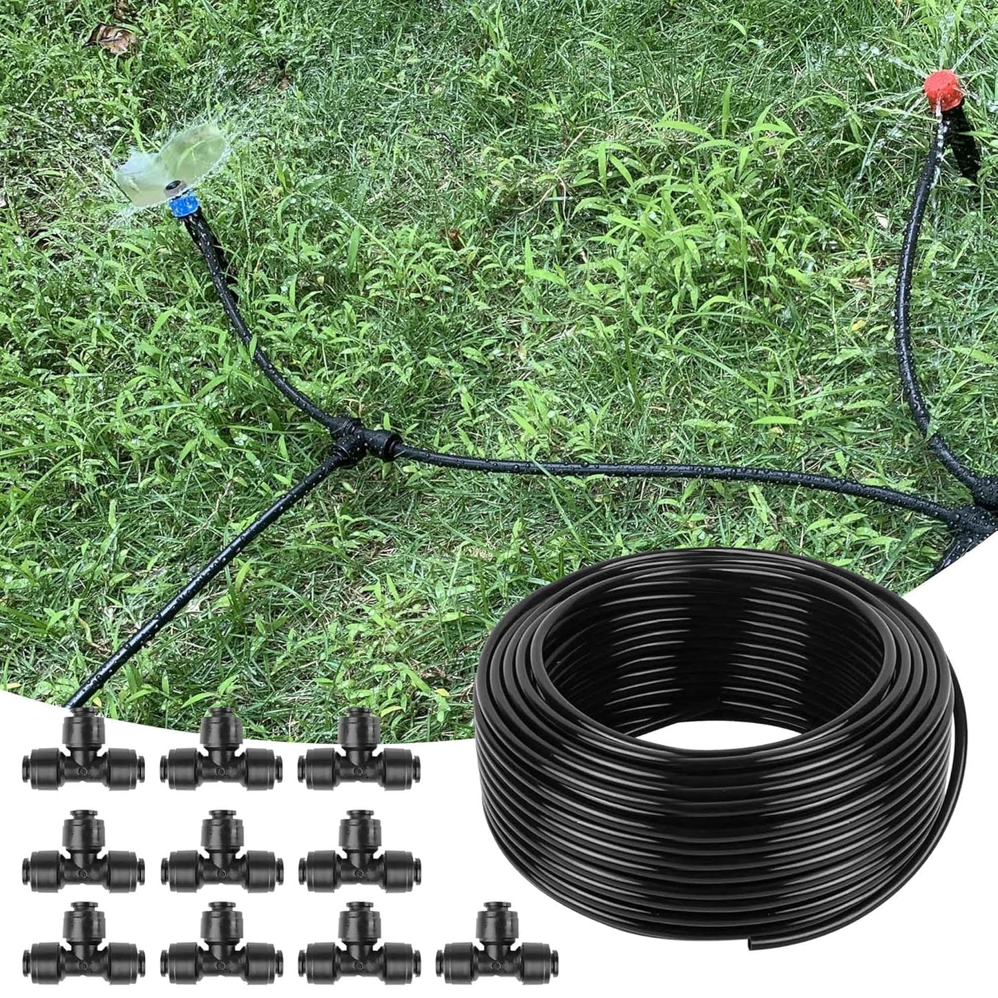 100FT 1/4 Inch Drip Irrigation Tubing with 10 Pack Push-to-Connect 1/4" Tee Connectors, Distribution Drip Line Hose & Universal Tee Fitting, for Drip Irrigation Parts or Drip System and Misting System