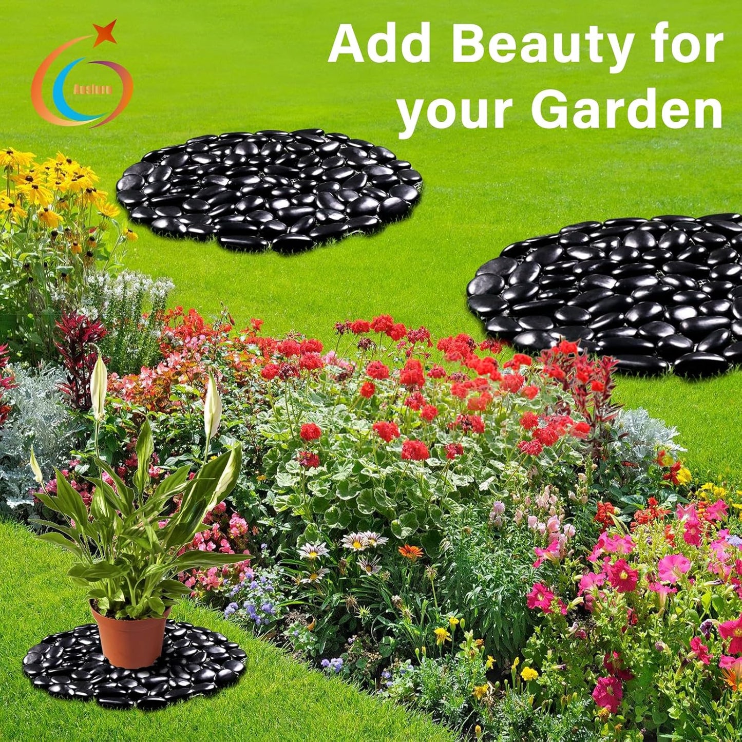 10in River Rock Stepping Stones Set - 6 Pack | Polished Pebble | Long-Lasting PVC Mesh Backing | Perfect for Garden Paths and Lawns Outdoor Landscaping Decoration | Black Circle