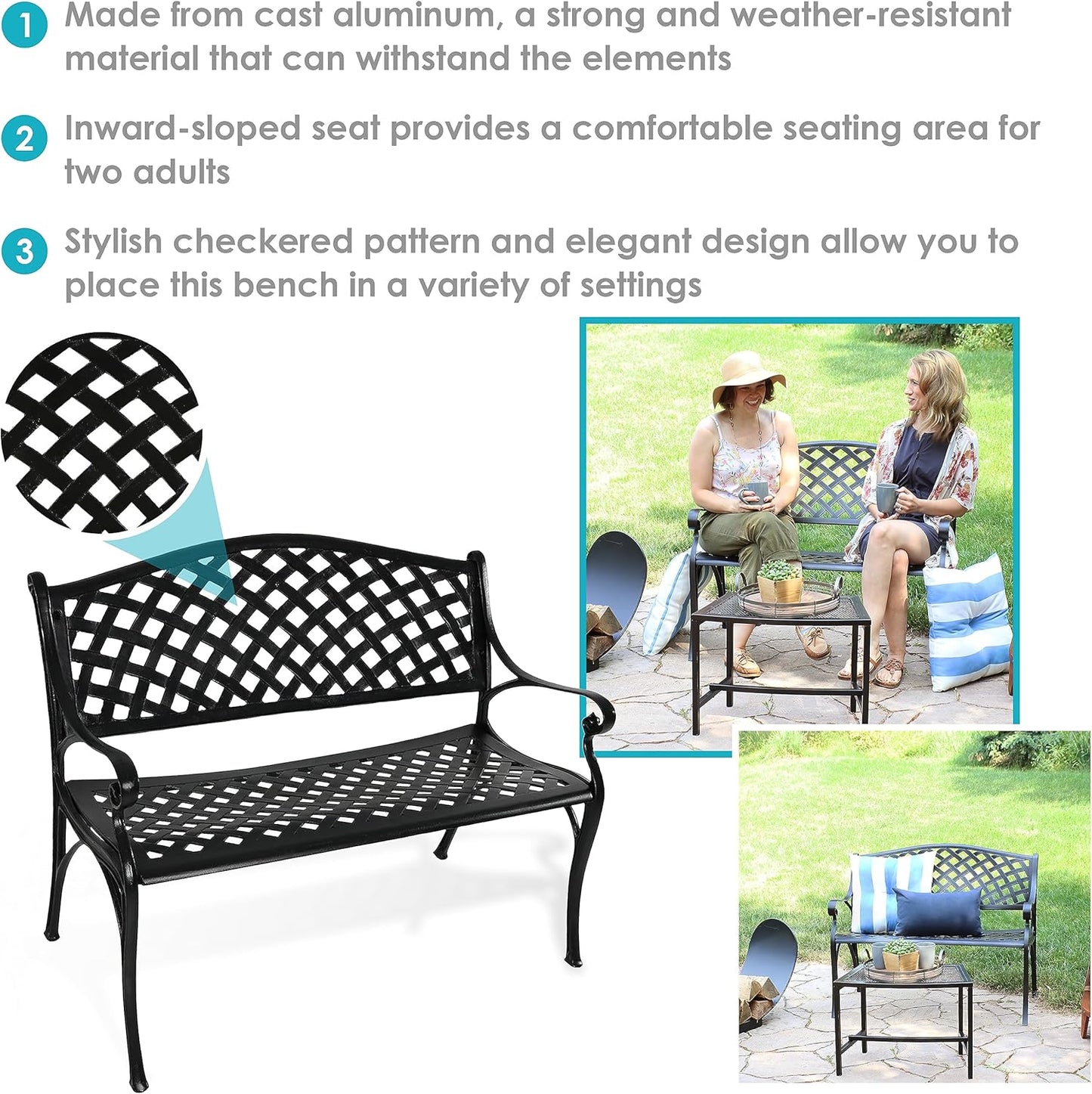 Sunnydaze 39-Inch Outdoor Bench for Patio or Park - Metal Garden Bench for Outdoors - Front Porch or Backyard Seat for Two - Black