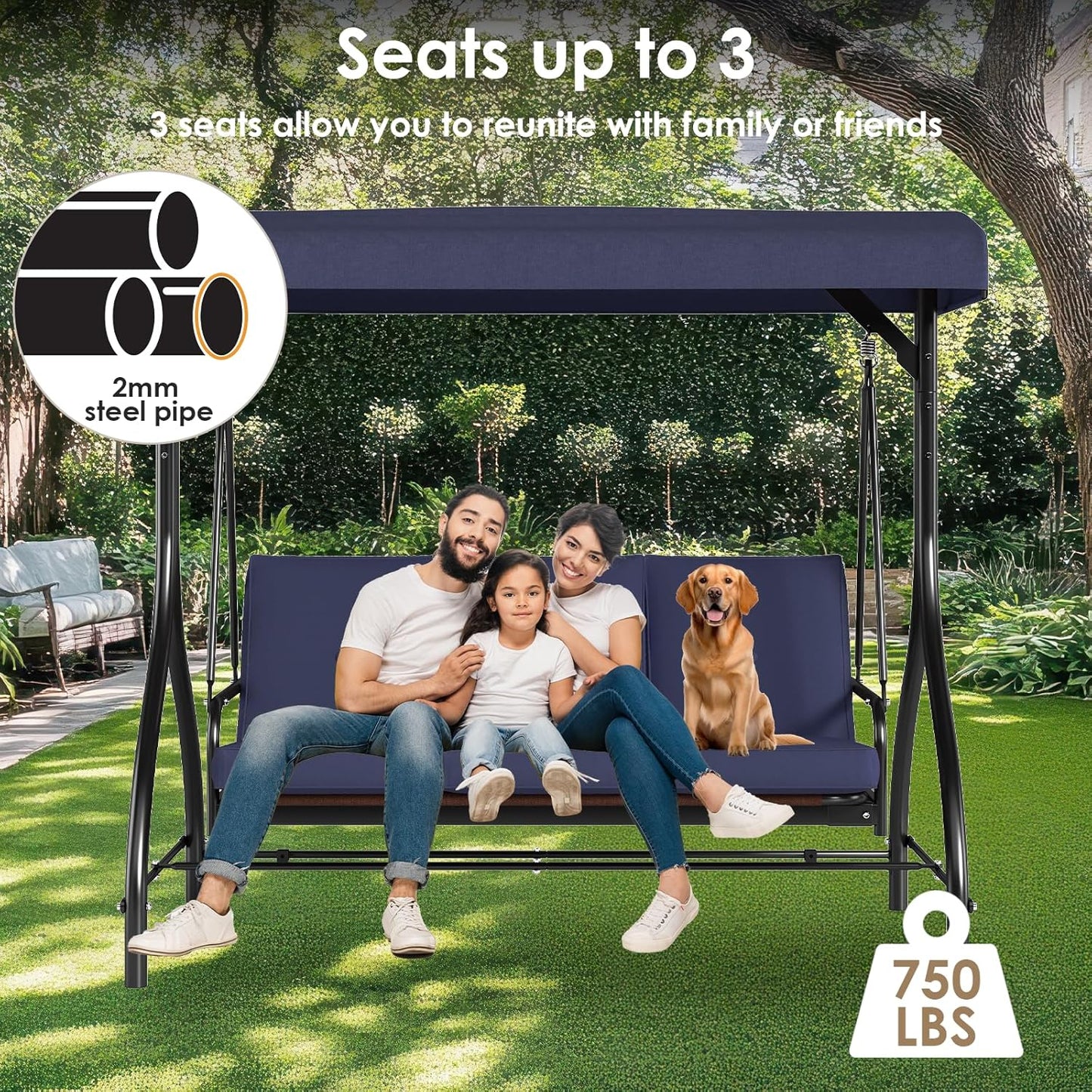 TLSUNNY 3-Seat Outdoor Patio Porch Swing with Adjustable Canopy & Backrest, Convertible Glider Bed with Stand, Removable Seat Cushion, 45° Tilt Adjustment for Backyard, Poolside, Balcony - 750LBS