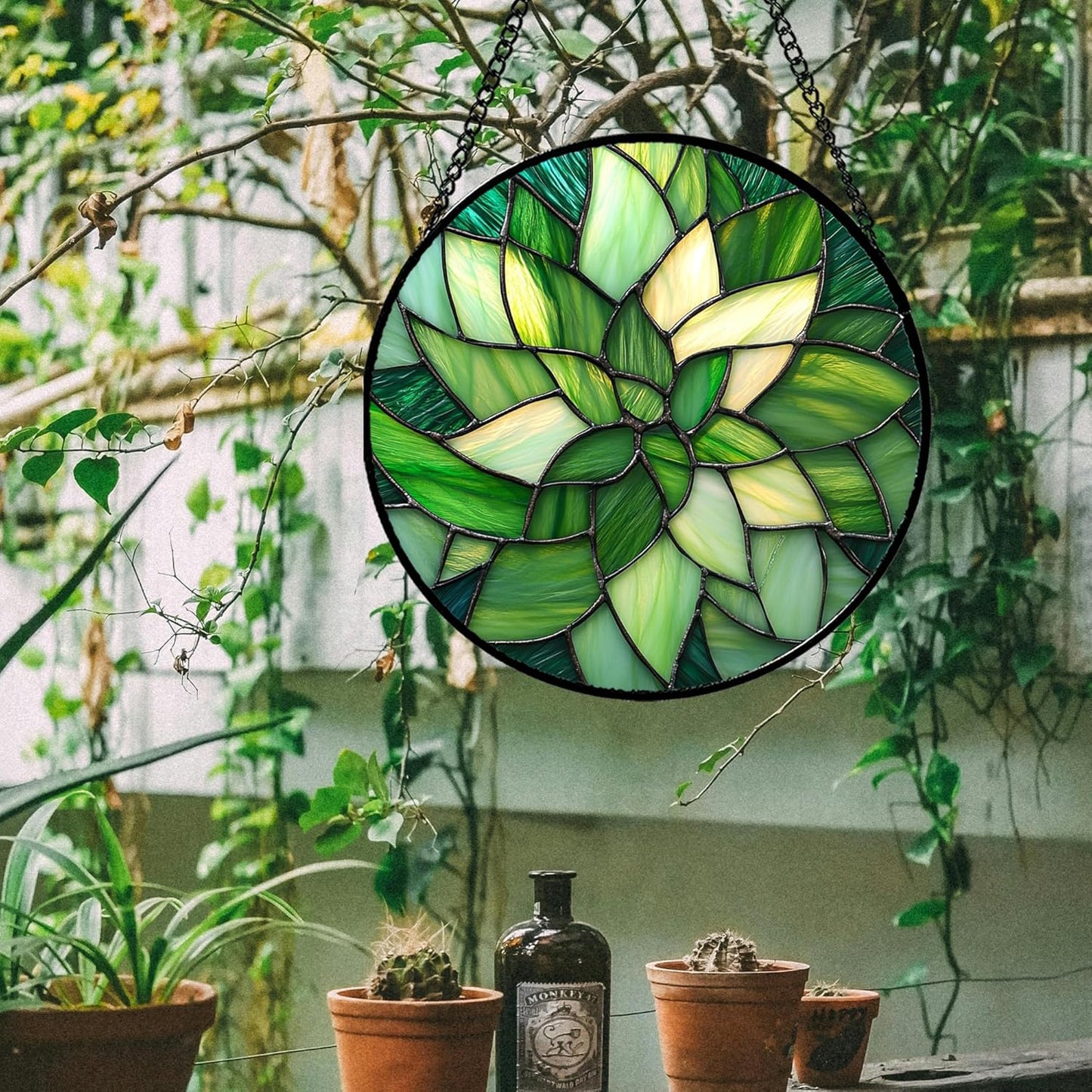 Stained Glass Window Hanging - Green Plants Suncatcher for Doors Garden Patio Flowers Sun Catchers Decor Christmas Mother's Day Birthday Gifts for Women Men Mom Nana Friend 7.8 in