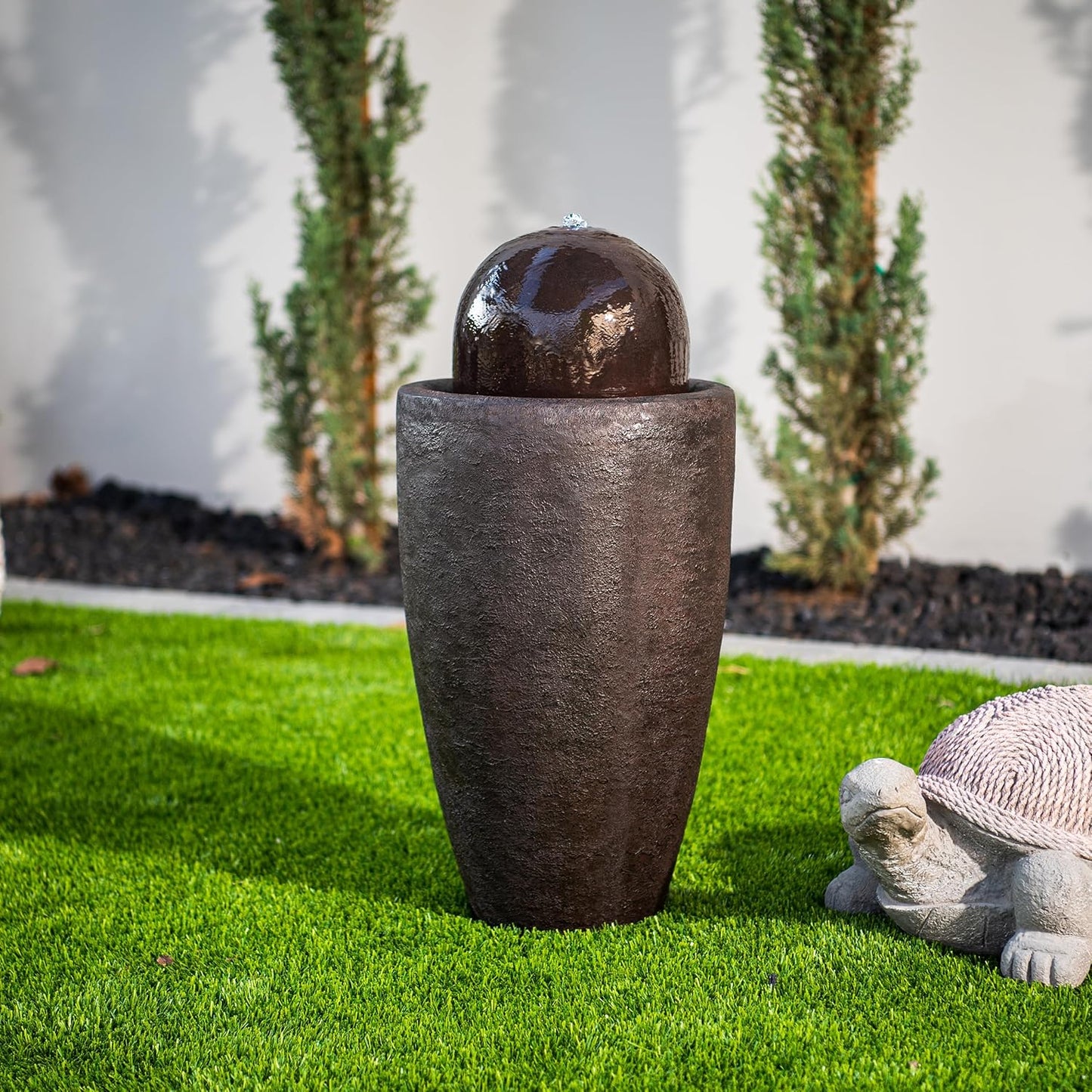 XBrand 25.98" H Round Stone Indoor/Outdoor Modern Stone Textured Sphere Water Fountain with LED Lights, Ball Fountain Decor for Garden, Patio, Outdoor, Brown