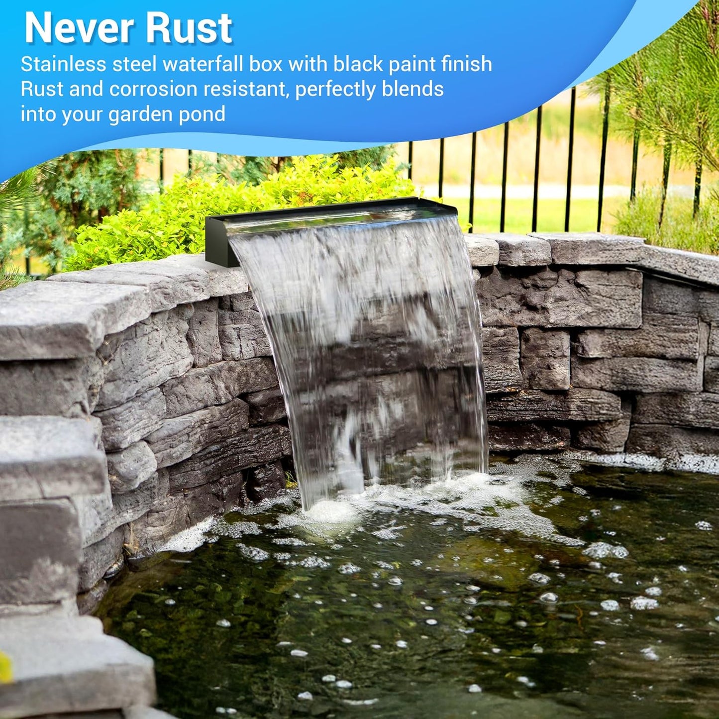 NFESOLAR Pond Waterfall Spillway Kit, Includes 23.6" W Stainless Pond Waterfall Box, 1200 GPH Water Pump, 10FT Corrugated Tubing for Outdoor Ponds Pool Streams up to 3000 Gallons N4611