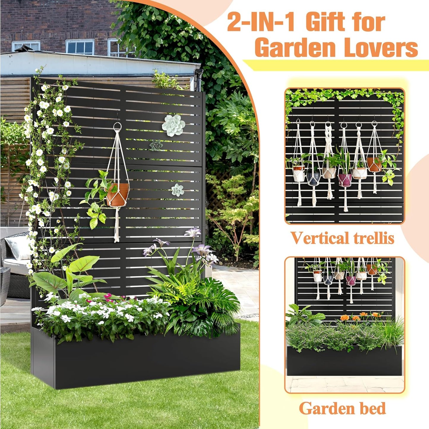 Metal Planter Box with Trellis Raised Garden Bed with Trellis 71"x47"x16", Trellis with Planter Box & Privacy Screen, Metal Planter Box for Climbing Plants, Vegetable, Vines(Black, Louvered)