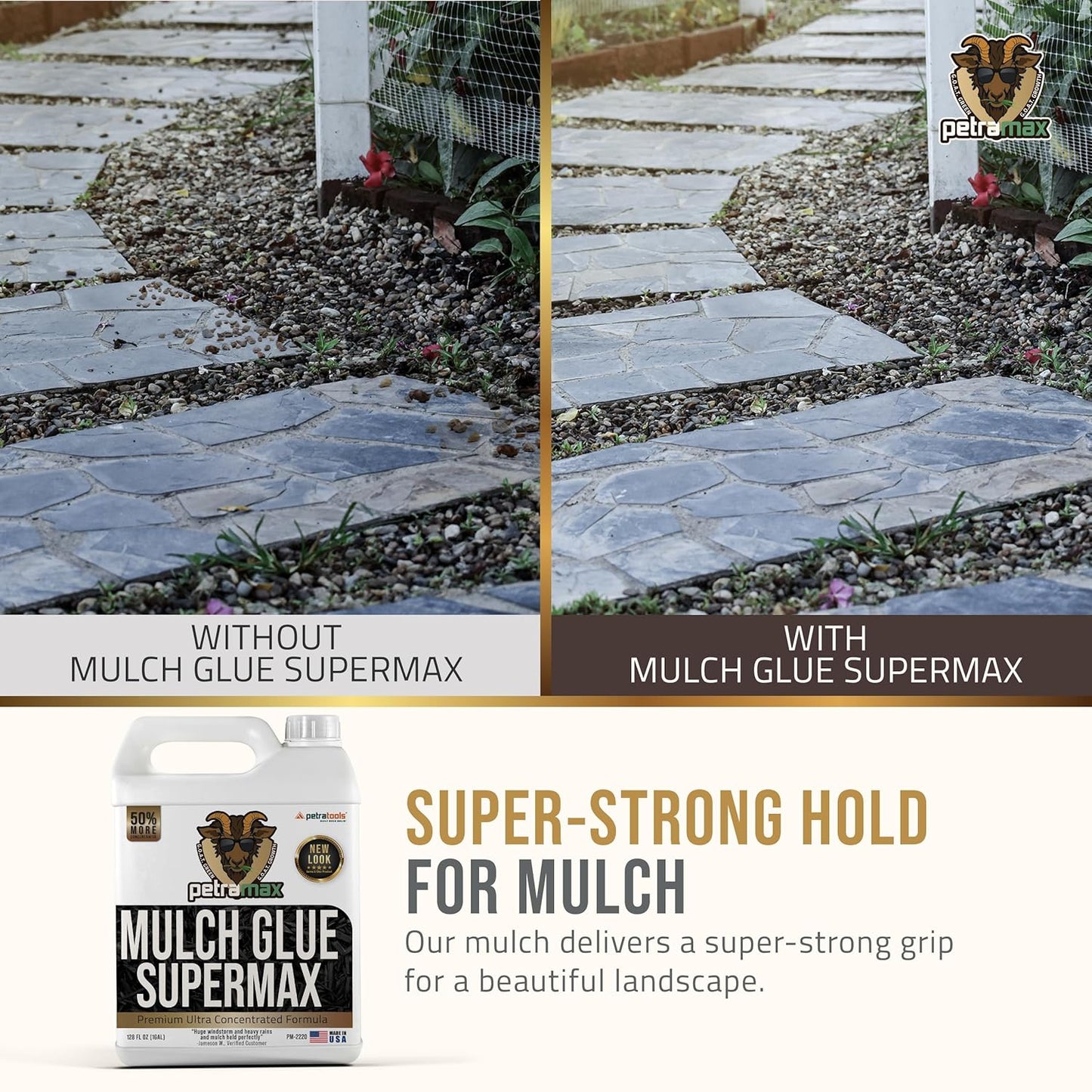 PetraMax Mulch Glue for Landscaping - Max Concentrate, Weed Barrier, Non-Toxic Pea Gravel Binder, Rock & Gravel Stabilizer, Dries Clear (Super, 1G)