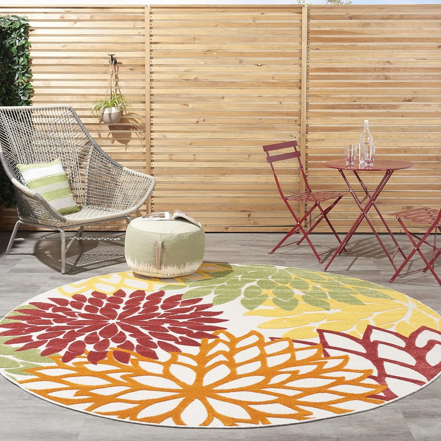 Nourison Home Aloha 94" Round Fabric Indoor/Outdoor Rug in Red Multi-Color