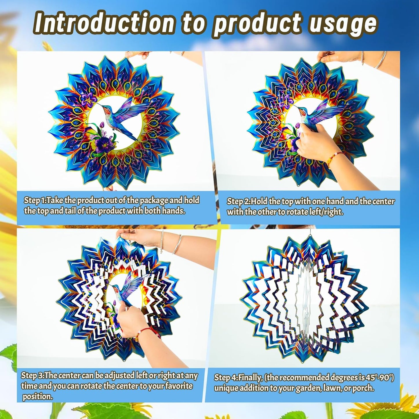 Hummingbird Wind Spinner,Hanging Wind Spinners Outdoor for Garden Decoration，15.7 inch 3D Stainless Steel Wind Sculpture for Indoor/Outdoor Decor