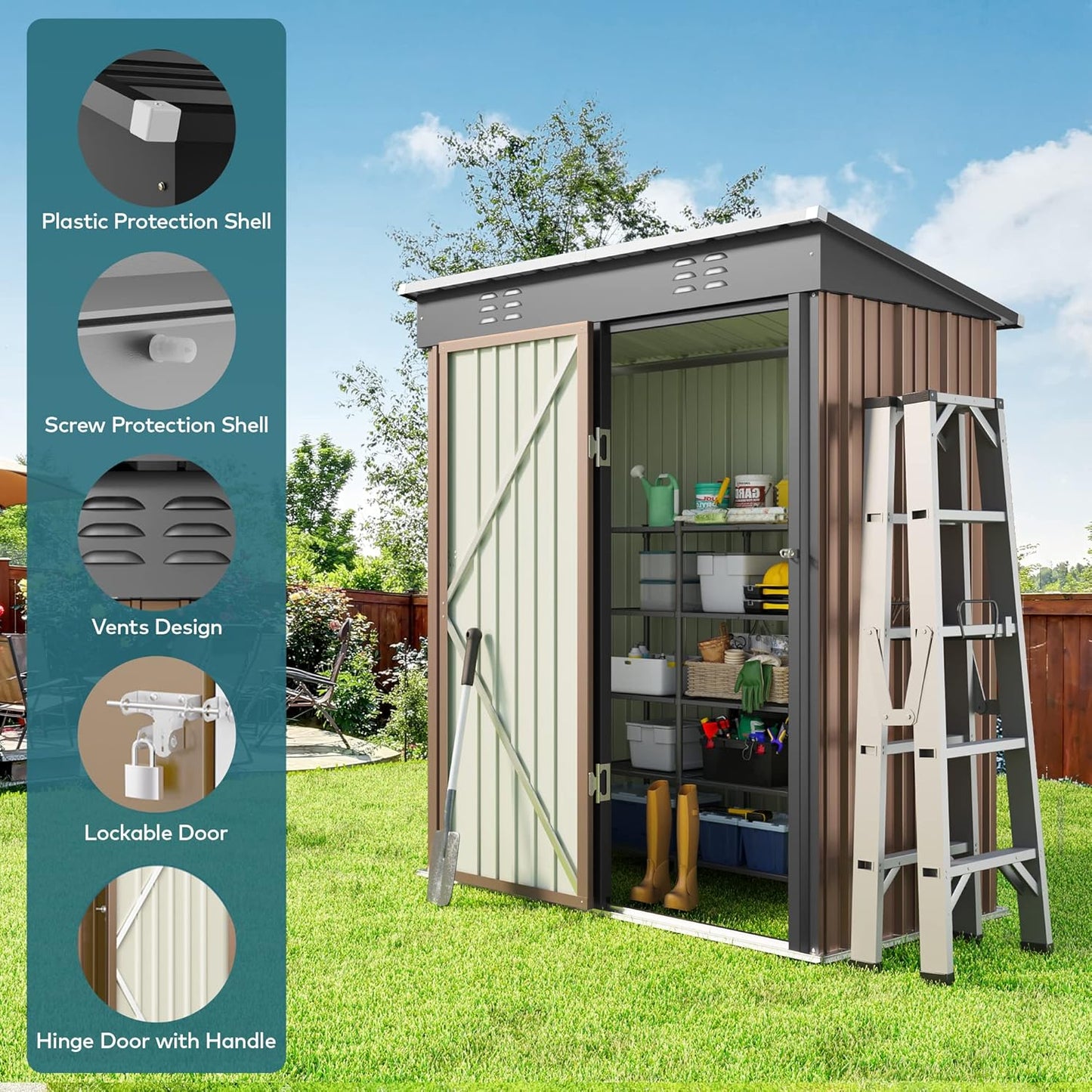 Gizoon 5' x 3' Outdoor Storage Shed with Singe Lockable Door,Galvanized Metal Shed with Air Vent Suitable for The Garden,Tiny House Storage Sheds Outdoor for Backyard Patio Lawn-Brown