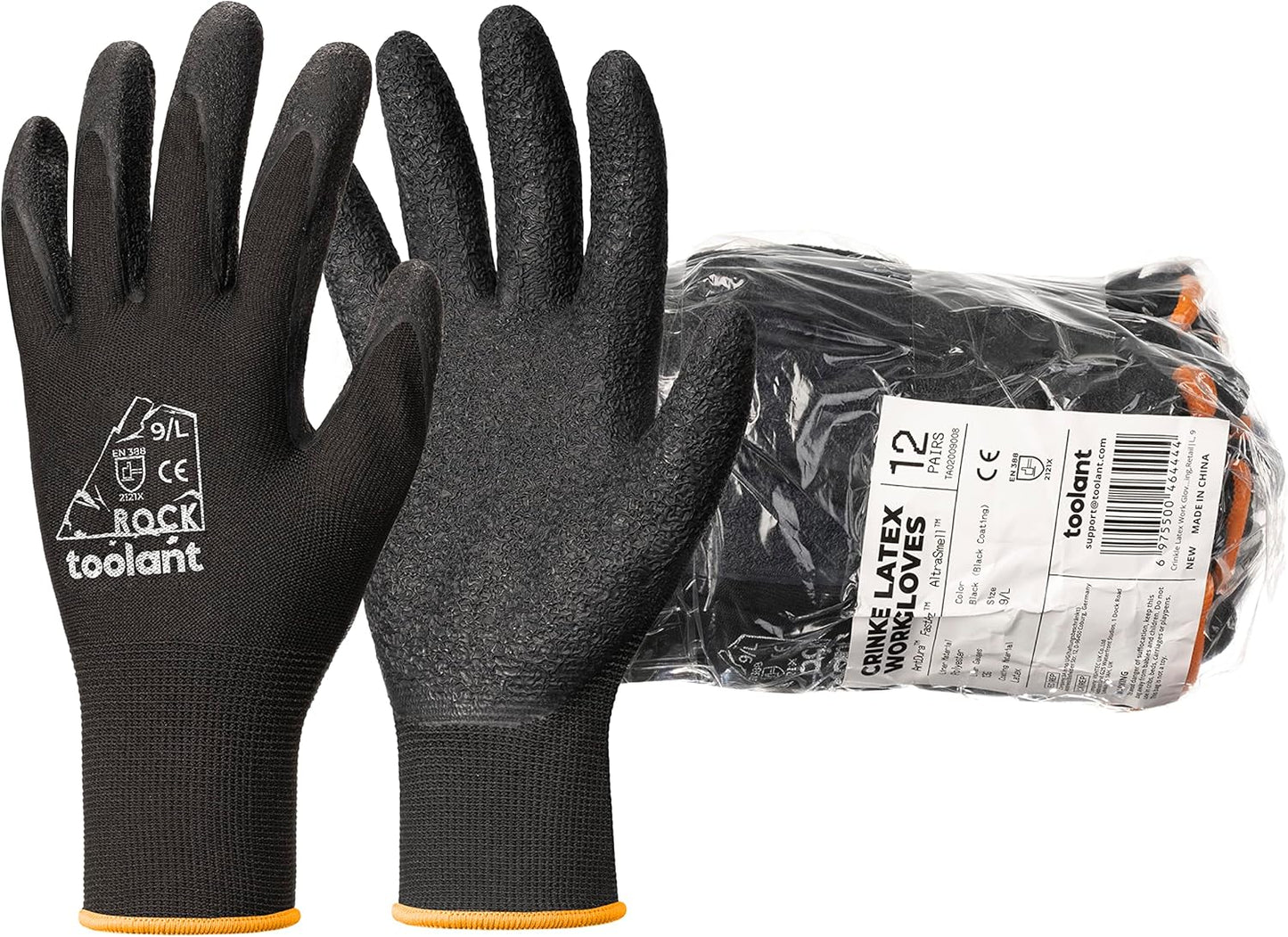 toolant Crinkle Latex Work Gloves Bulk, Rubber Coated Safety Work Gloves for Men and Women, 120 Pairs for Construction, Gardening, Warehouse (Black, Medium)