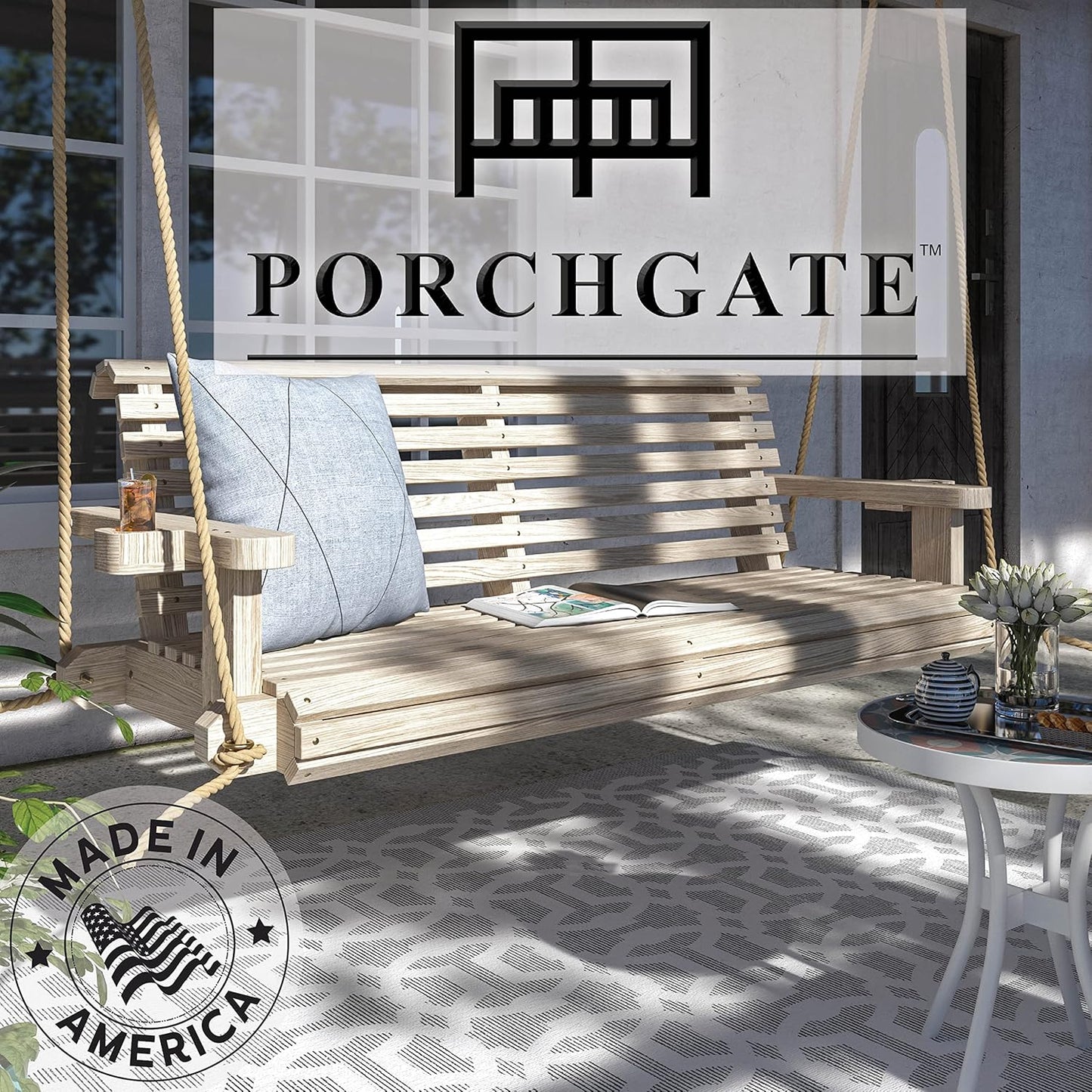 Porchgate Amish Heavy Duty 800 Lb Roll Comfort Treated Porch Swing W/Ropes (5 Foot, Unfinished)