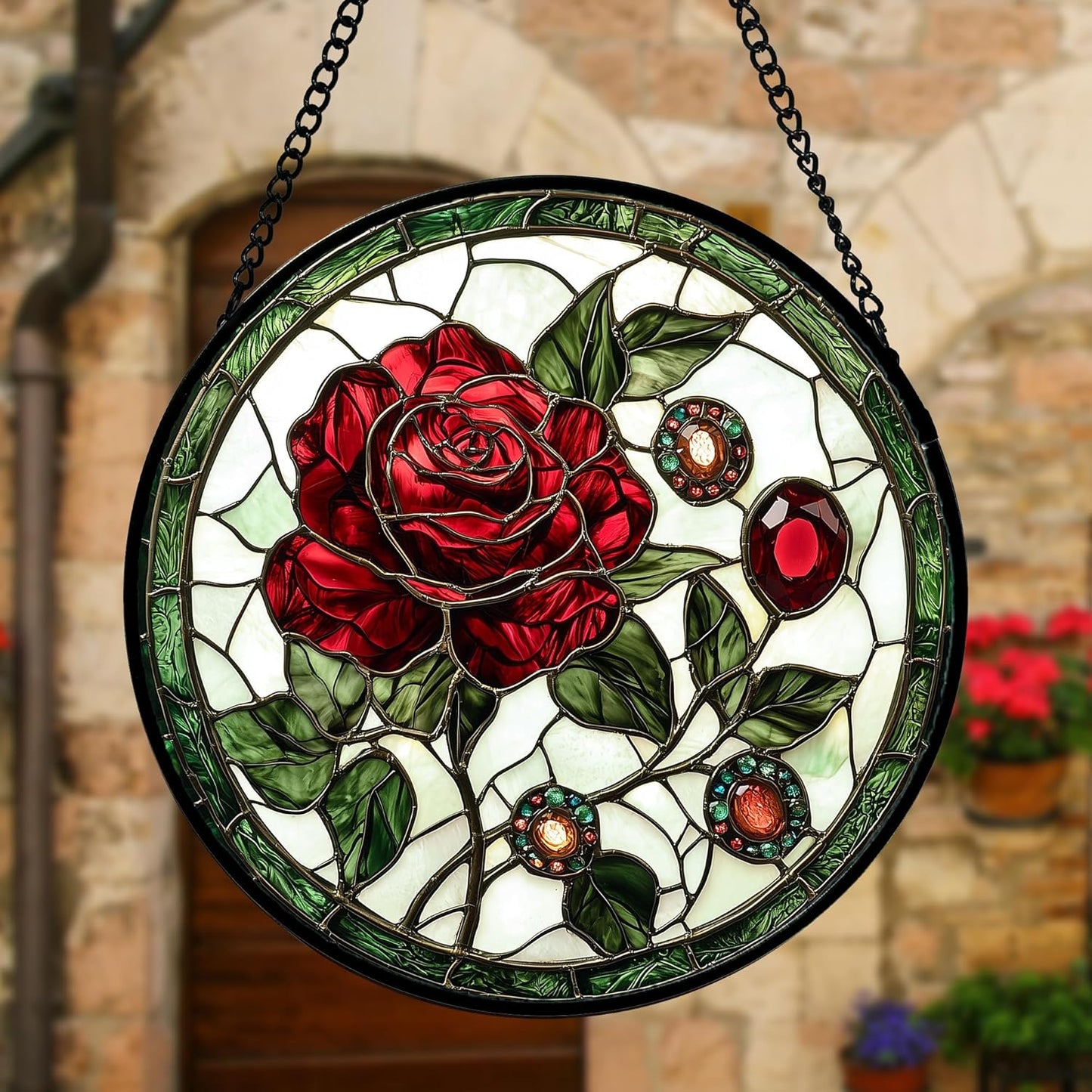 Stained Glass Window Hanging, Red Rose Gemstone Green Sun Catchers Diamond Glass Panel Hangings Suncatcher Decor for Birthday for Women, Men, Wife, Aunt, and Mom 7.8 in