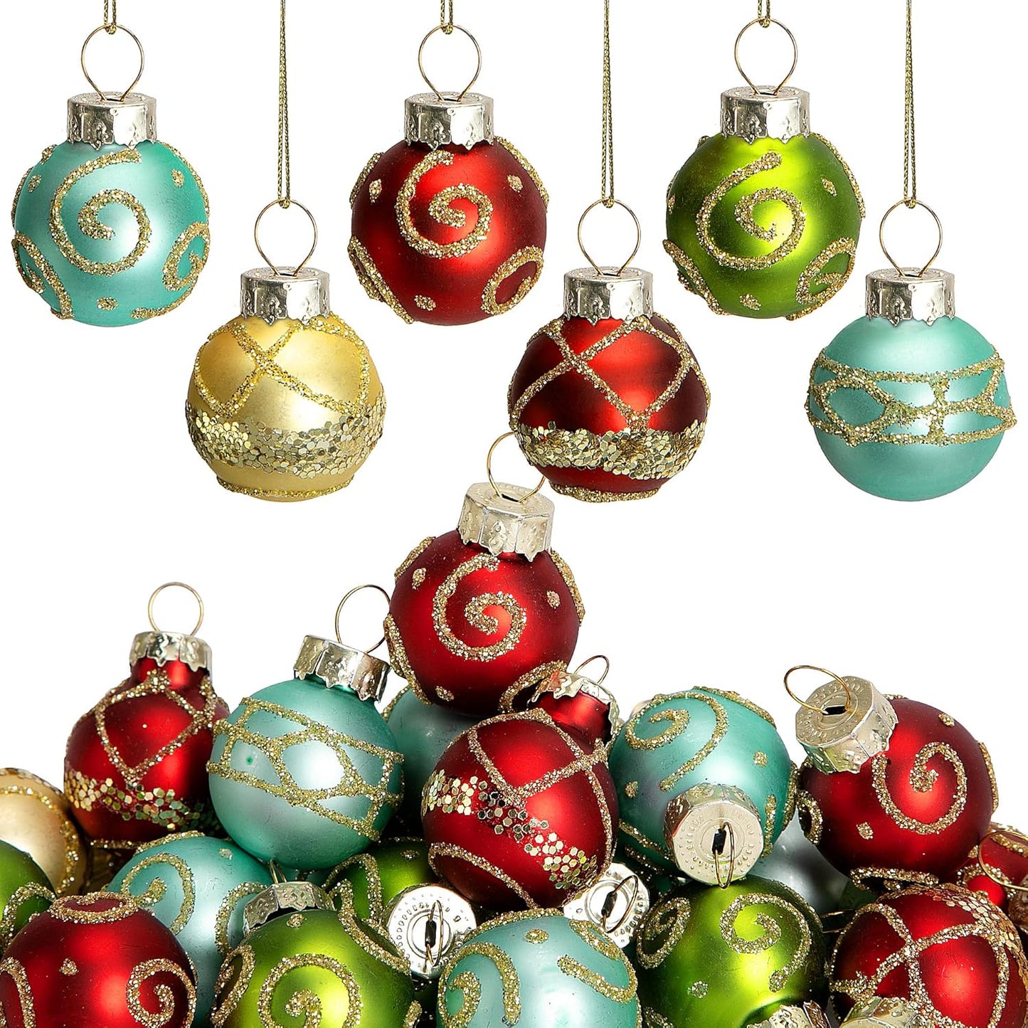 Watayo 24 Pcs Christmas Mini Multi Color Balls Glass Ornaments, 1" Mini Vintage Glittering Ball Hanging Ornaments for Tree, Red Green Gold Blue Glass Small Ball Tree Decoration for Xmas Home Decor