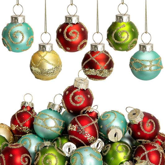 Watayo 24 Pcs Christmas Mini Multi Color Balls Glass Ornaments, 1" Mini Vintage Glittering Ball Hanging Ornaments for Tree, Red Green Gold Blue Glass Small Ball Tree Decoration for Xmas Home Decor
