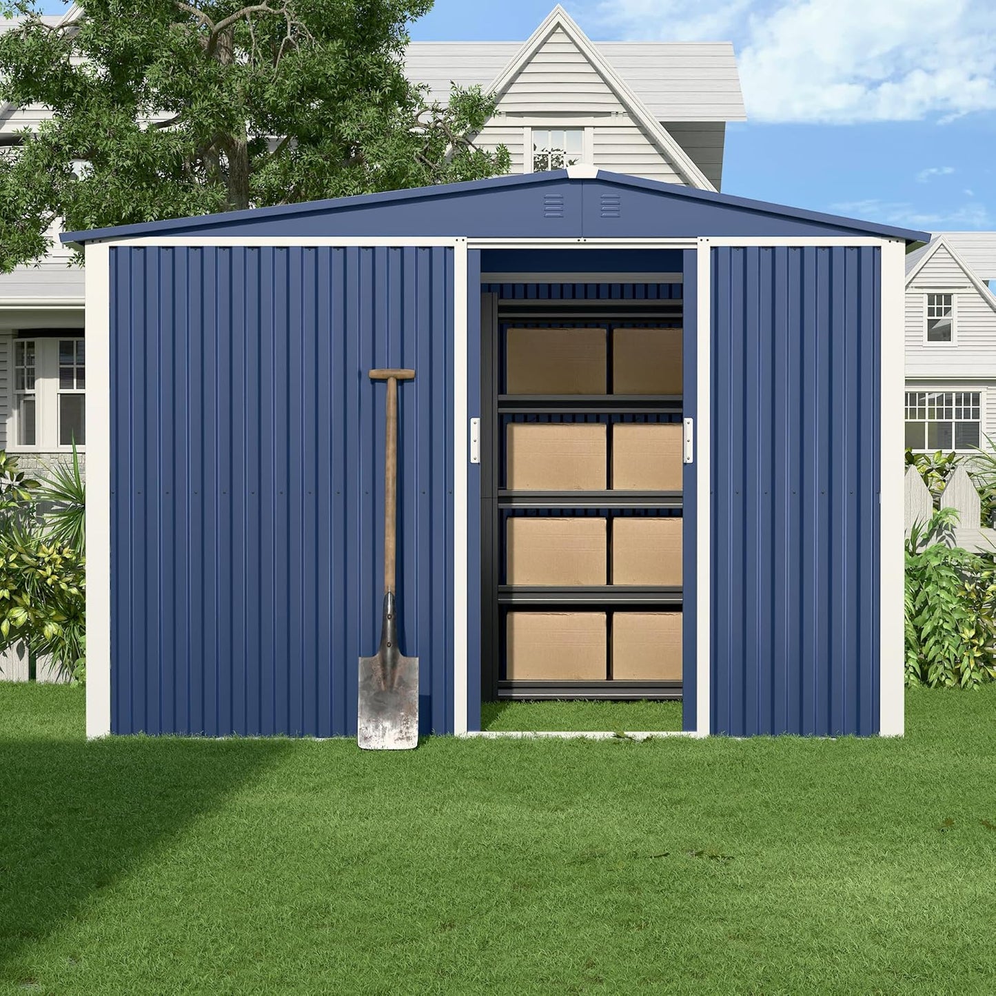 Metal Outdoor Storage Shed 10FT x 6FT with Firewood Storage, Steel Utility Tool Shed Storage House with Sliding Door, Metal Sheds Outdoor Storage for Backyard Garden Patio Lawn, Blue